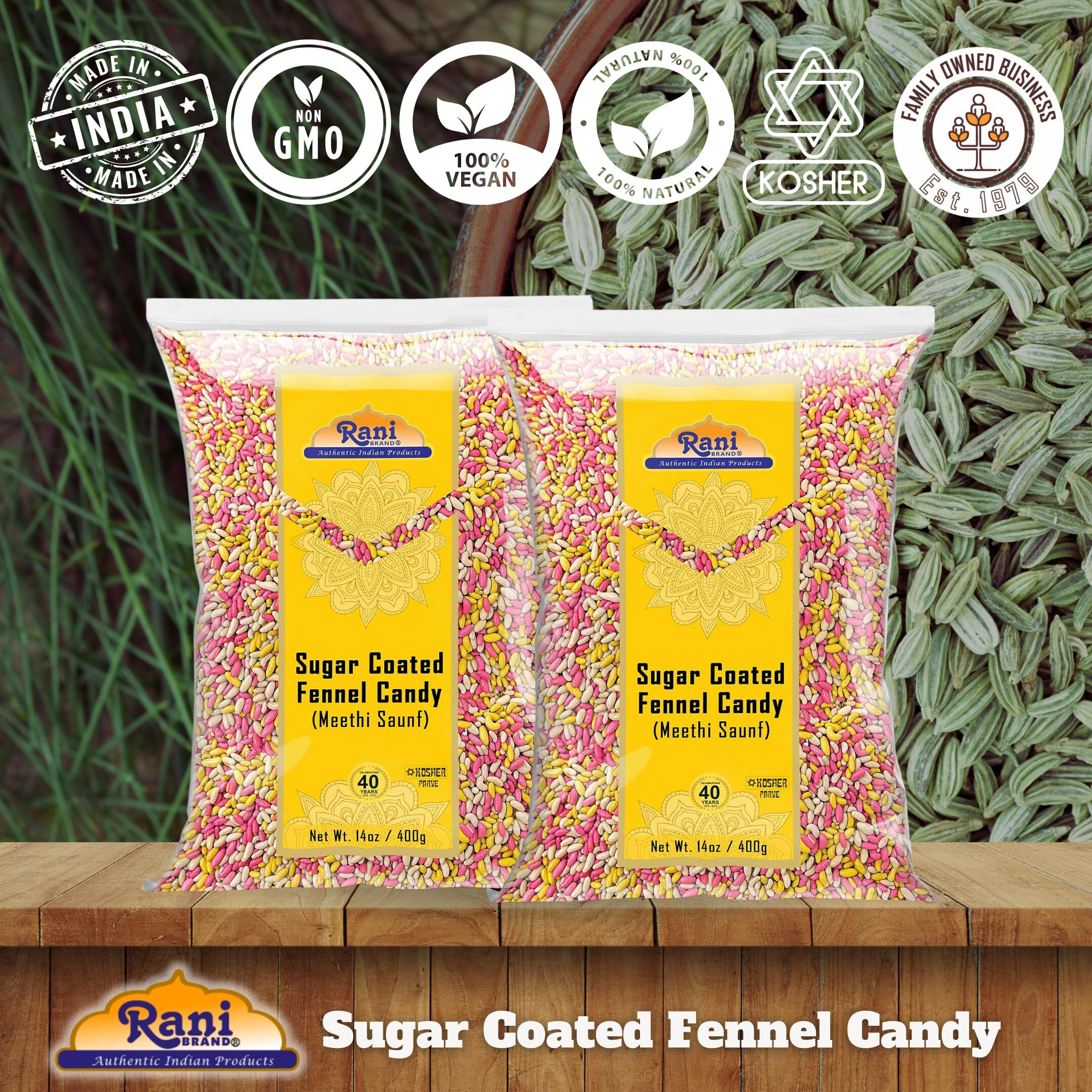 Rani Sugar Coated Fennel Candy 14oz (400g) - [Pack of 2 / 800g 28oz total] ~ Indian After Meal Digestive Treat, Vegan, Gluten Friendly, NON-GMO, Indian Origin (Size 14oz (400g))