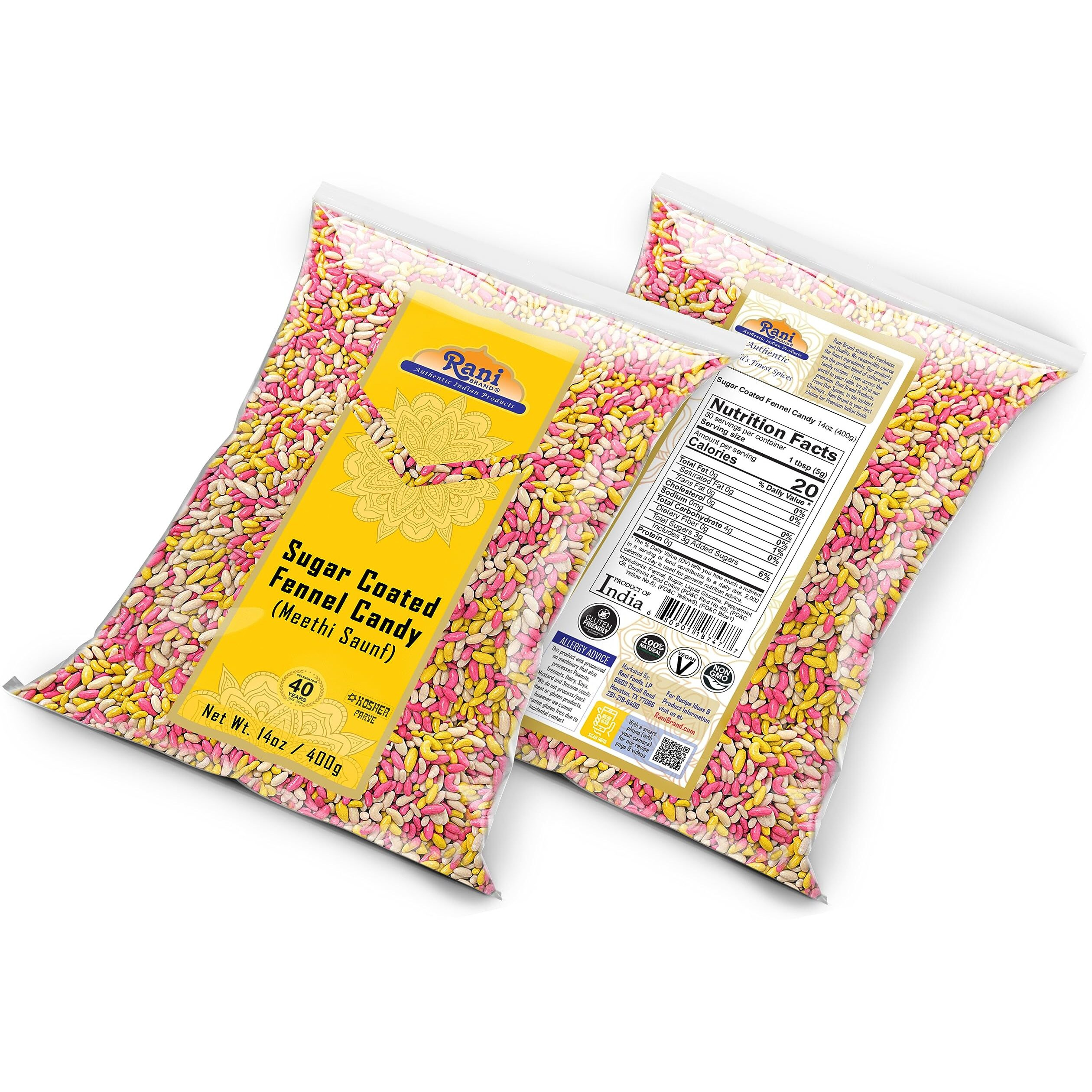 Rani Sugar Coated Fennel Candy 14oz (400g) - [Pack of 2 / 800g 28oz total] ~ Indian After Meal Digestive Treat, Vegan, Gluten Friendly, NON-GMO, Indian Origin (Size 14oz (400g))