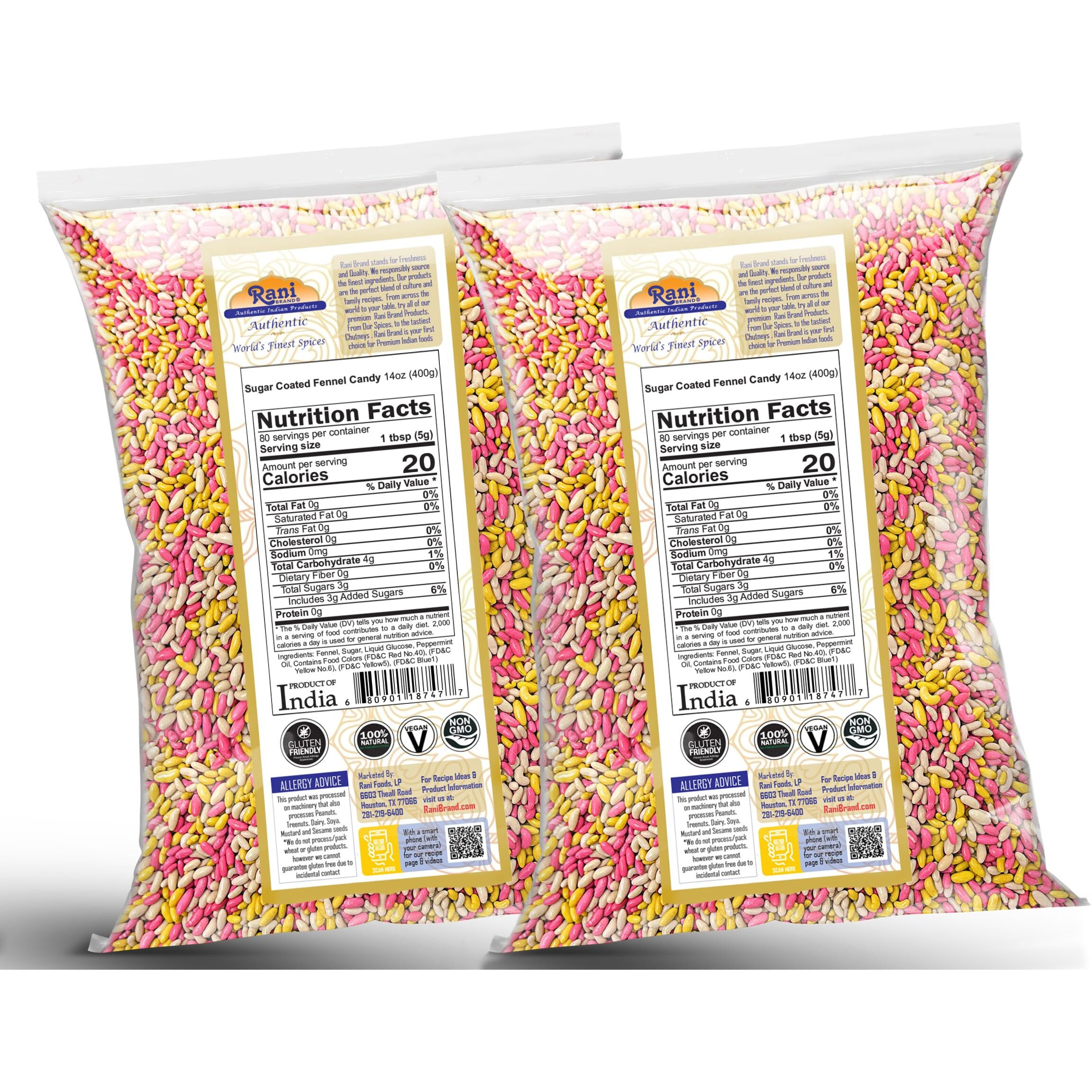 Rani Sugar Coated Fennel Candy 14oz (400g) - [Pack of 2 / 800g 28oz total] ~ Indian After Meal Digestive Treat, Vegan, Gluten Friendly, NON-GMO, Indian Origin (Size 14oz (400g))