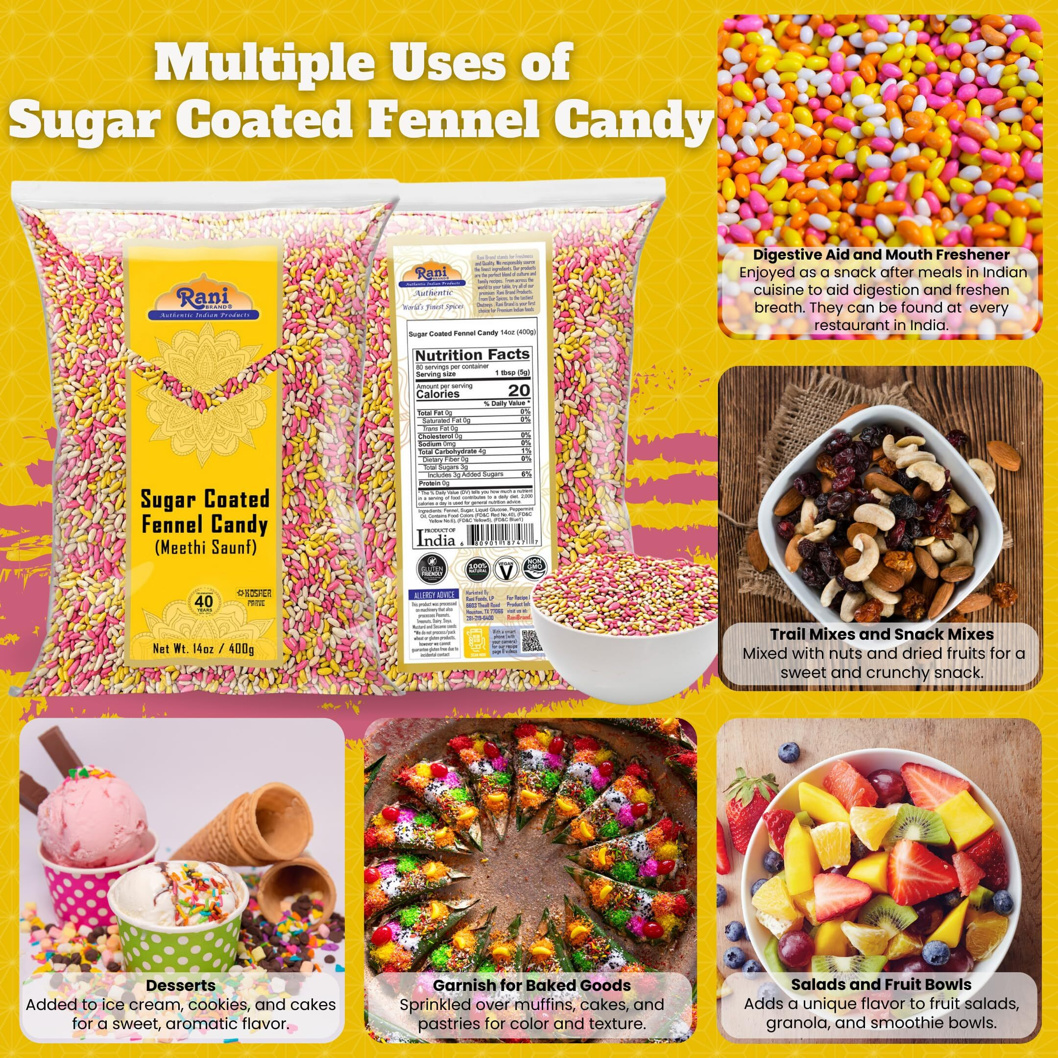 Rani Sugar Coated Fennel Candy 14oz (400g) ~ Indian After Meal Digestive Treat, Vegan, Gluten Friendly, NON-GMO, Kosher, Indian Origin (Size 14oz (400g))