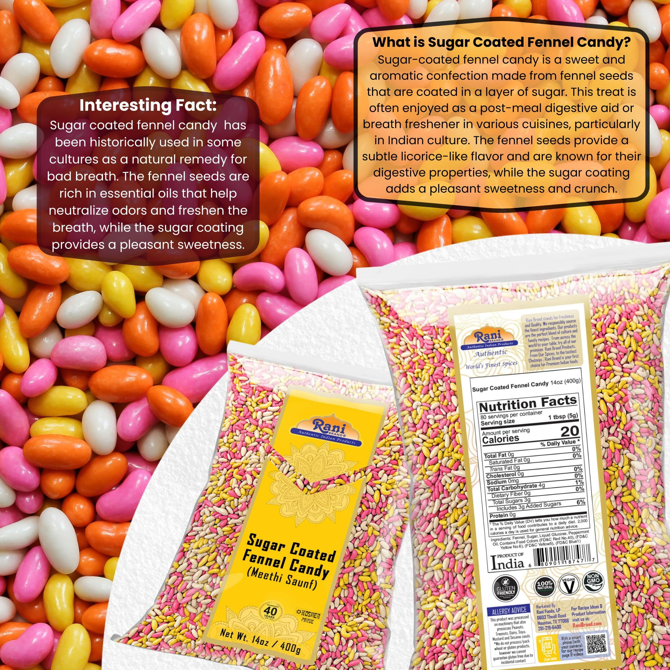 Rani Sugar Coated Fennel Candy 14oz (400g) ~ Indian After Meal Digestive Treat, Vegan, Gluten Friendly, NON-GMO, Kosher, Indian Origin (Size 14oz (400g))