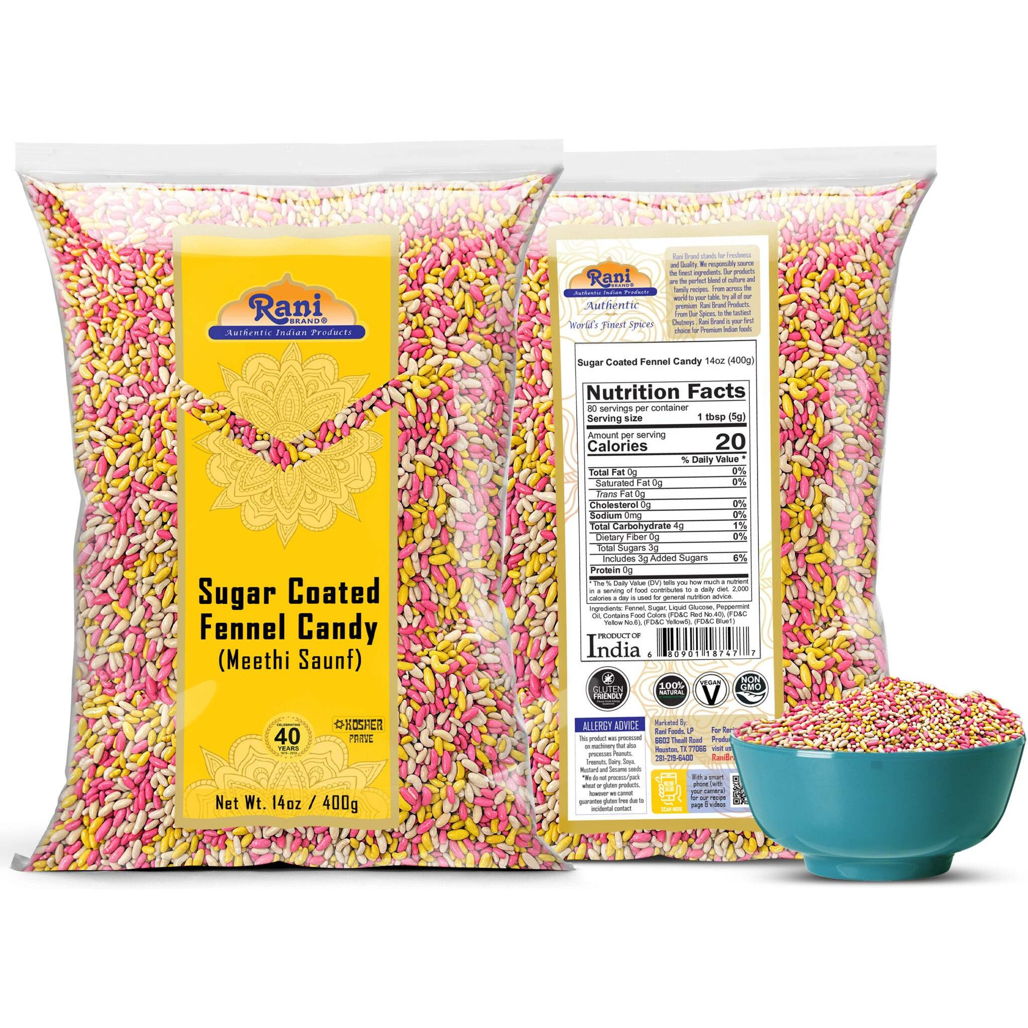 Rani Sugar Coated Fennel Candy 14oz (400g) ~ Indian After Meal Digestive Treat, Vegan, Gluten Friendly, NON-GMO, Kosher, Indian Origin (Size 14oz (400g))