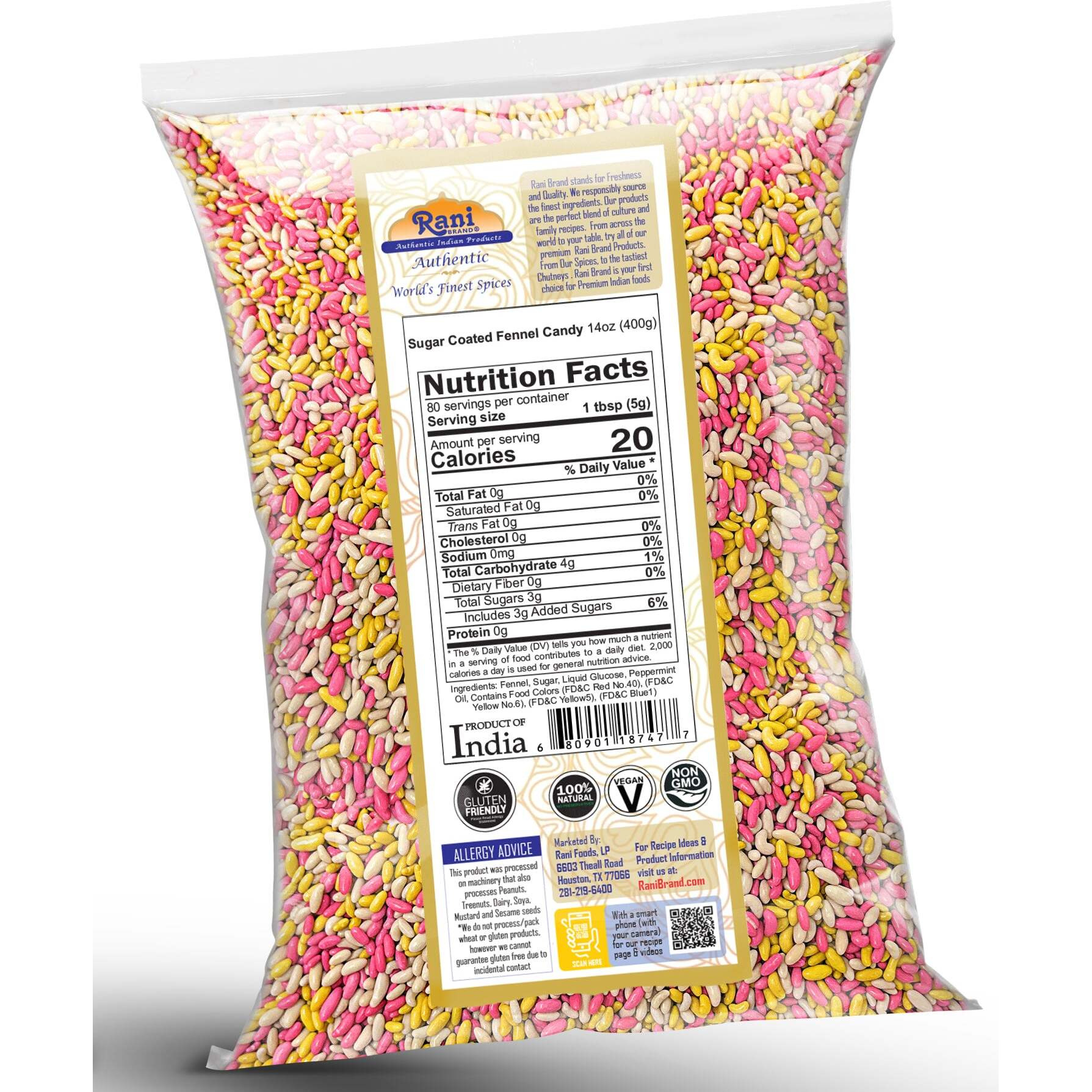Rani Sugar Coated Fennel Candy 14oz (400g) ~ Indian After Meal Digestive Treat, Vegan, Gluten Friendly, NON-GMO, Kosher, Indian Origin (Size 14oz (400g))