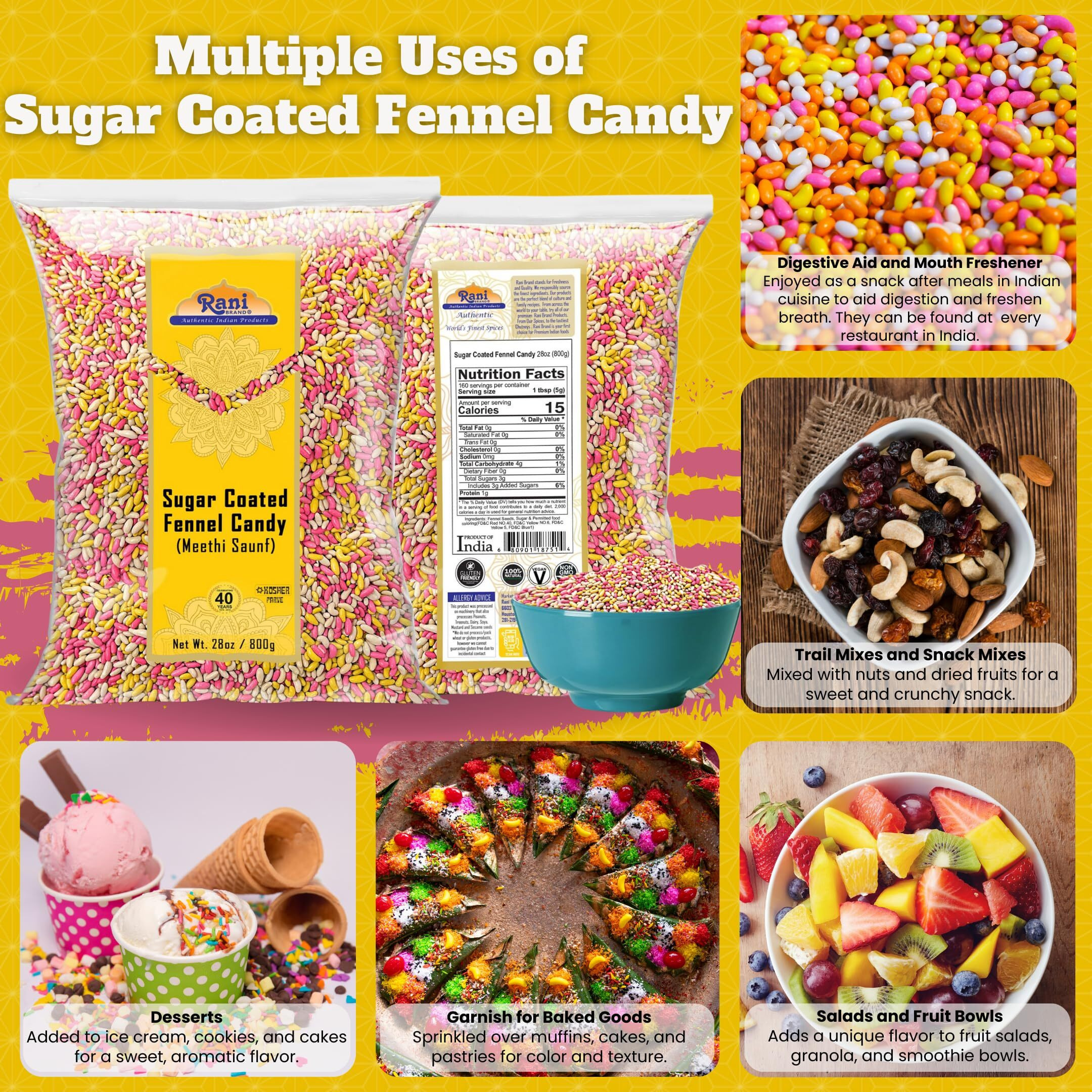 Rani Sugar Coated Fennel Candy 28oz (800g) ~ Indian After Meal Digestive Treat, Vegan, Gluten Friendly, NON-GMO, Kosher, Indian Origin (Size 28oz (800g))