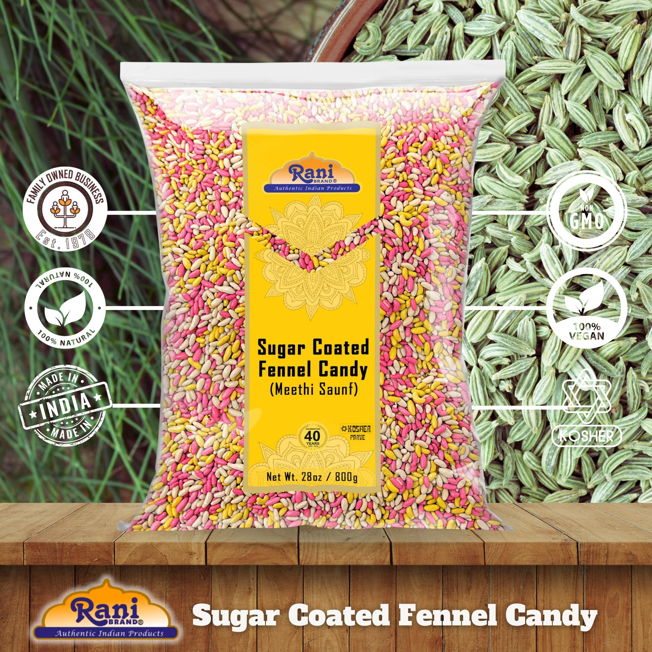 Rani Sugar Coated Fennel Candy 28oz (800g) ~ Indian After Meal Digestive Treat, Vegan, Gluten Friendly, NON-GMO, Kosher, Indian Origin (Size 28oz (800g))