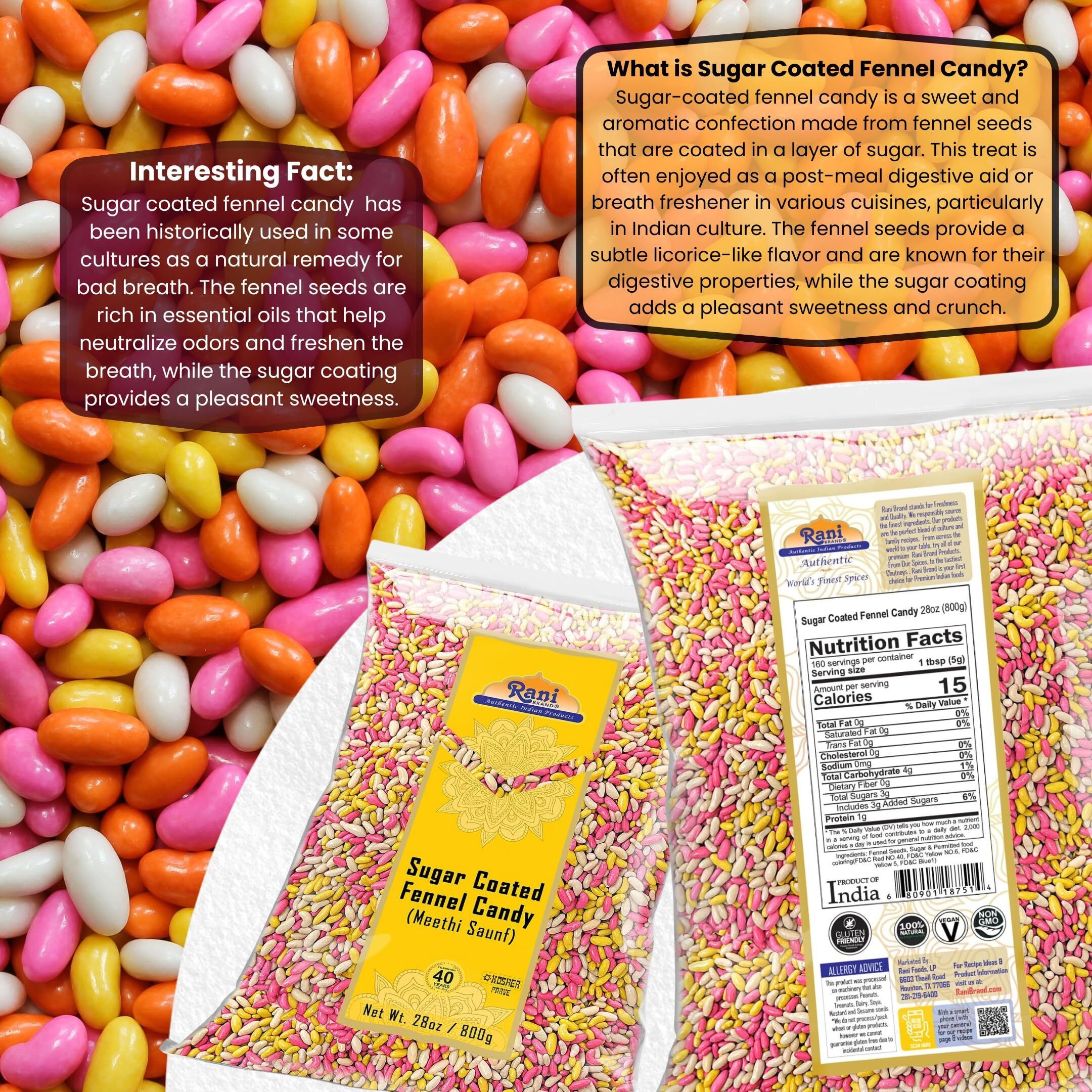 Rani Sugar Coated Fennel Candy 28oz (800g) ~ Indian After Meal Digestive Treat, Vegan, Gluten Friendly, NON-GMO, Kosher, Indian Origin (Size 28oz (800g))