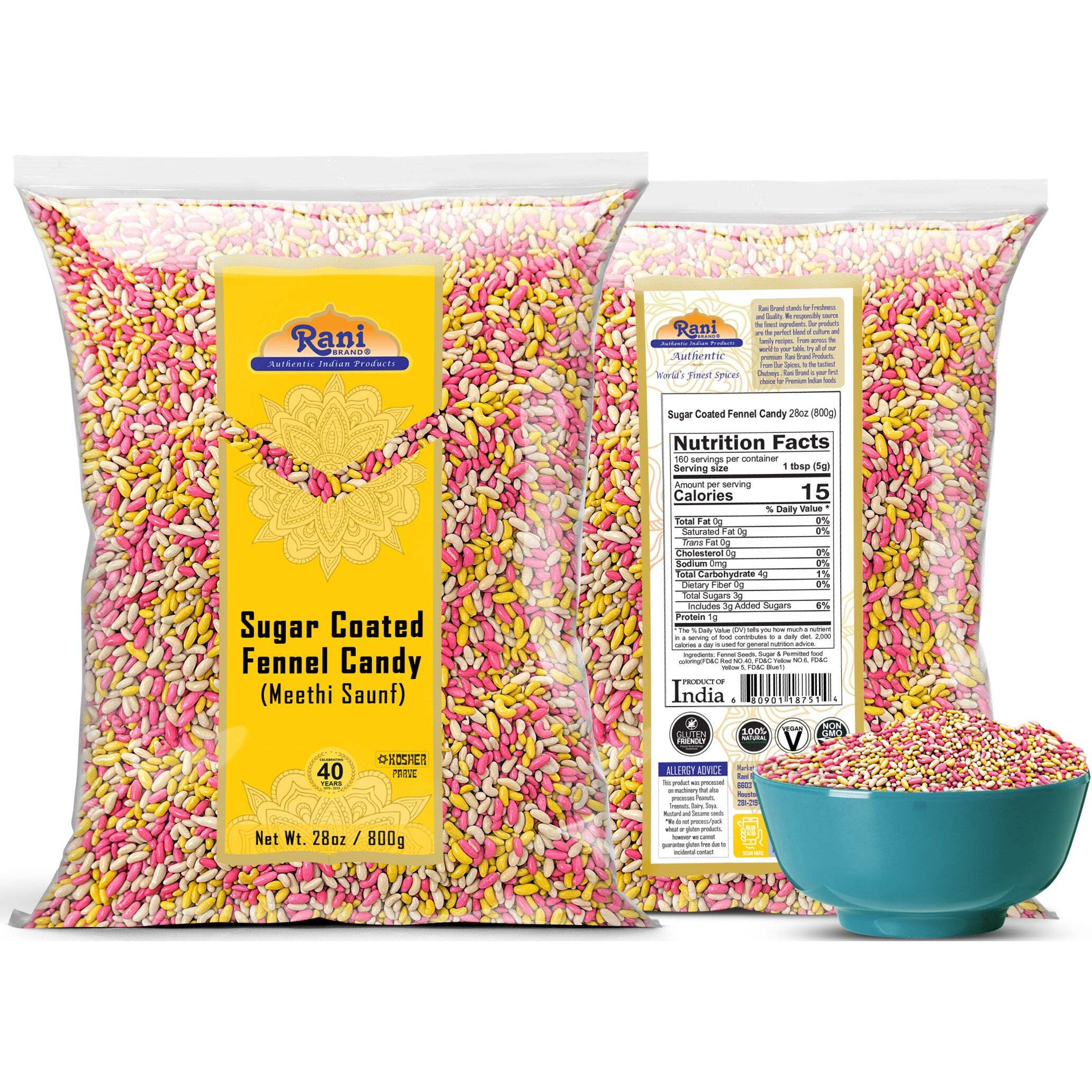 Rani Sugar Coated Fennel Candy 28oz (800g) ~ Indian After Meal Digestive Treat, Vegan, Gluten Friendly, NON-GMO, Kosher, Indian Origin (Size 28oz (800g))