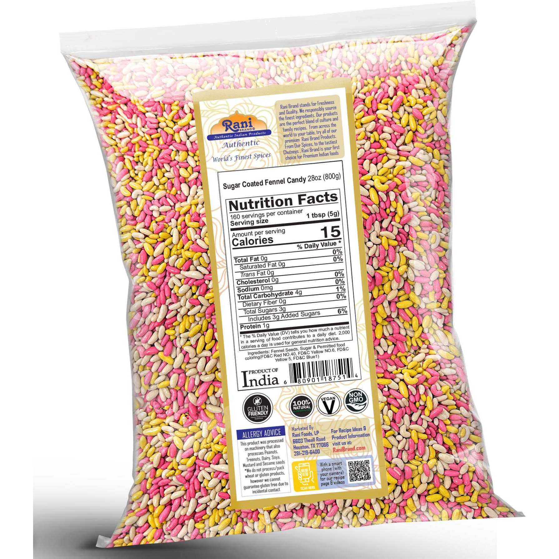 Rani Sugar Coated Fennel Candy 28oz (800g) ~ Indian After Meal Digestive Treat, Vegan, Gluten Friendly, NON-GMO, Kosher, Indian Origin (Size 28oz (800g))