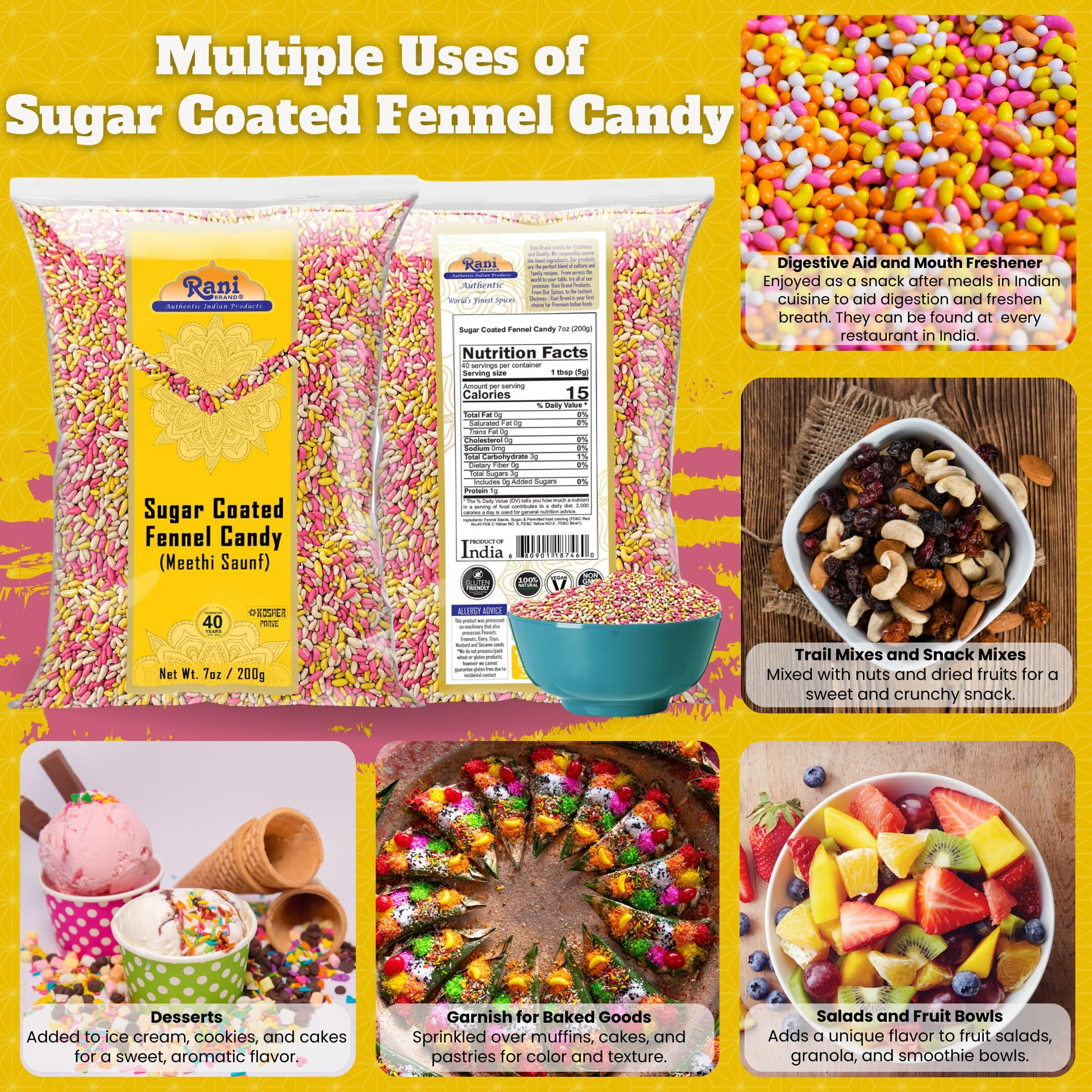 Rani Sugar Coated Fennel Candy 7oz (200g) ~ Indian After Meal Digestive Treat, Vegan, Gluten Friendly, NON-GMO, Kosher, Indian Origin (Size 7oz (200g))