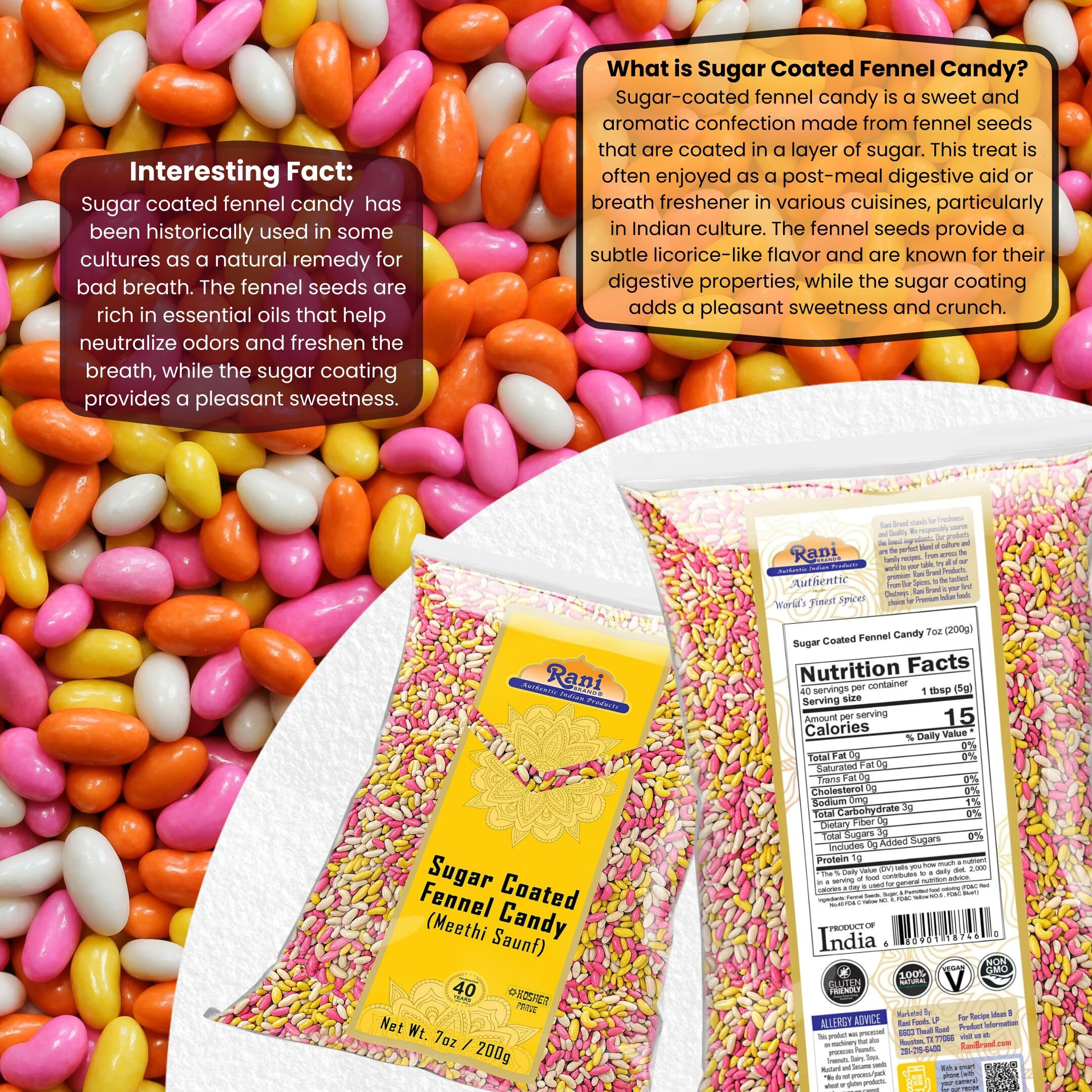 Rani Sugar Coated Fennel Candy 7oz (200g) ~ Indian After Meal Digestive Treat, Vegan, Gluten Friendly, NON-GMO, Kosher, Indian Origin (Size 7oz (200g))