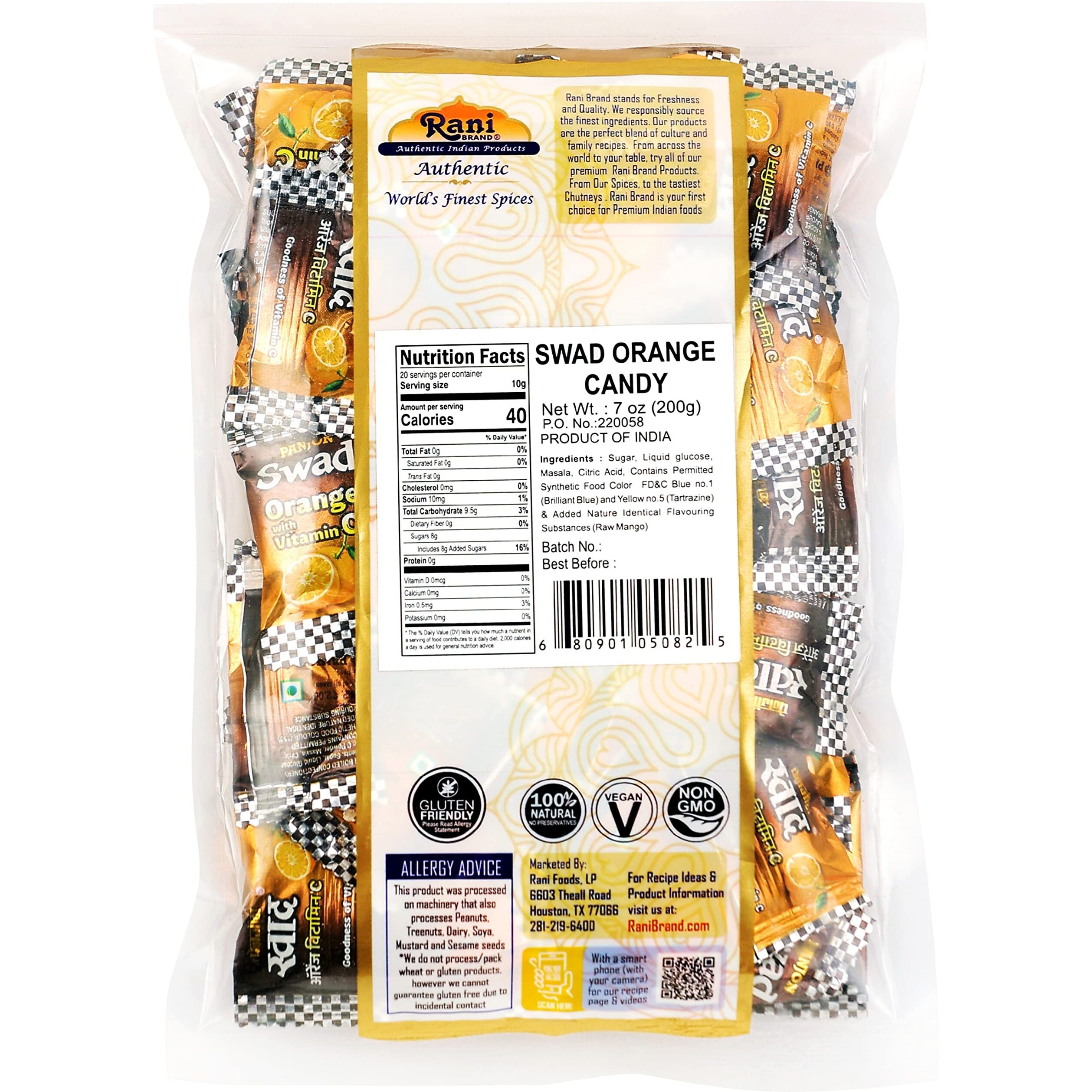 Rani Swad Orange Candy 7oz (200g) Individually Wrapped ~ Indian Tasty Treats, Vegan, Gluten Friendly, NON-GMO, Indian Origin (Size 7oz (200g))