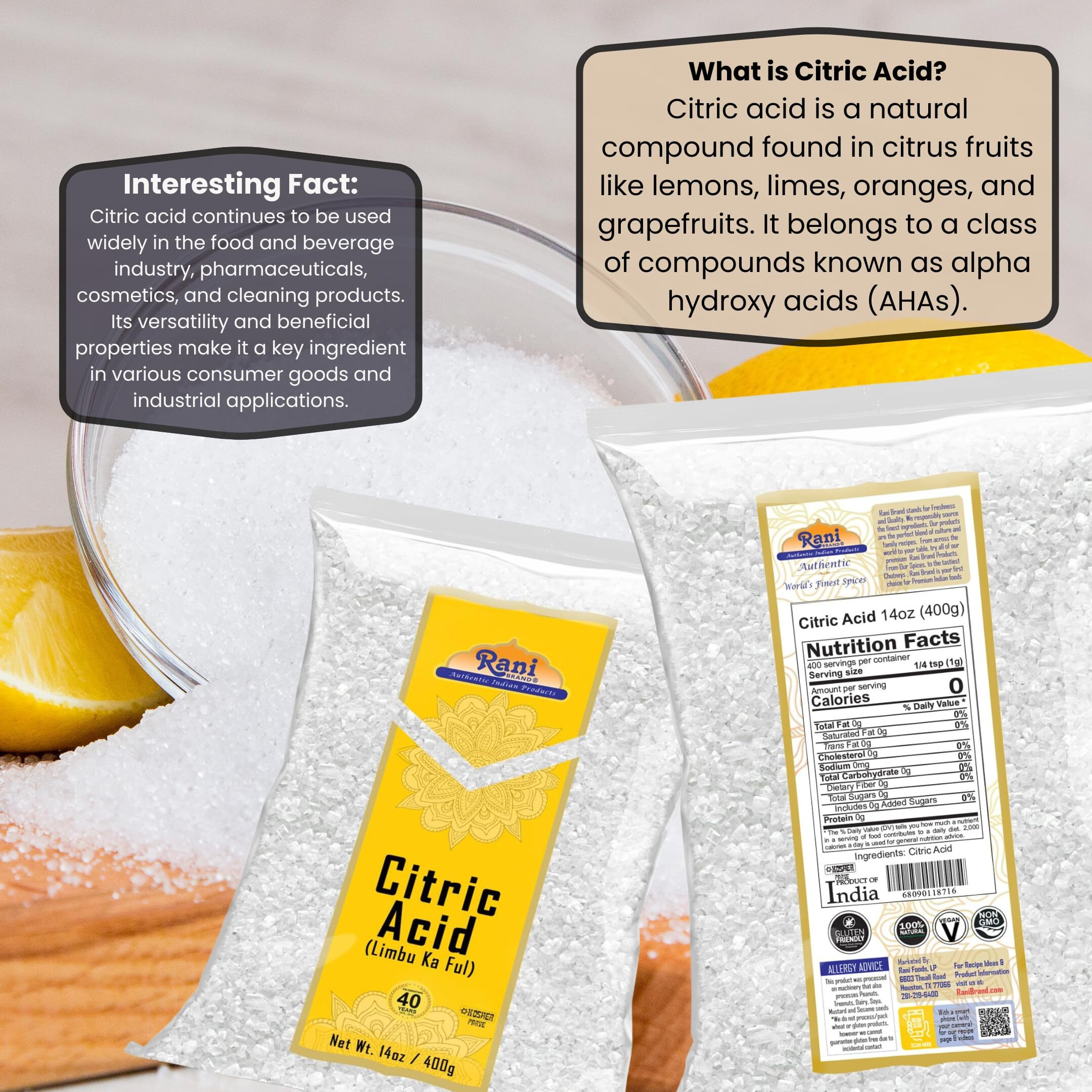 Rani Citric Acid Powder, Food Grade (Limbu Ka Ful) 14oz (400g) ~ Used for Cooking, Bath Bombs, Cleaning, Gluten Friendly, Indian Origin