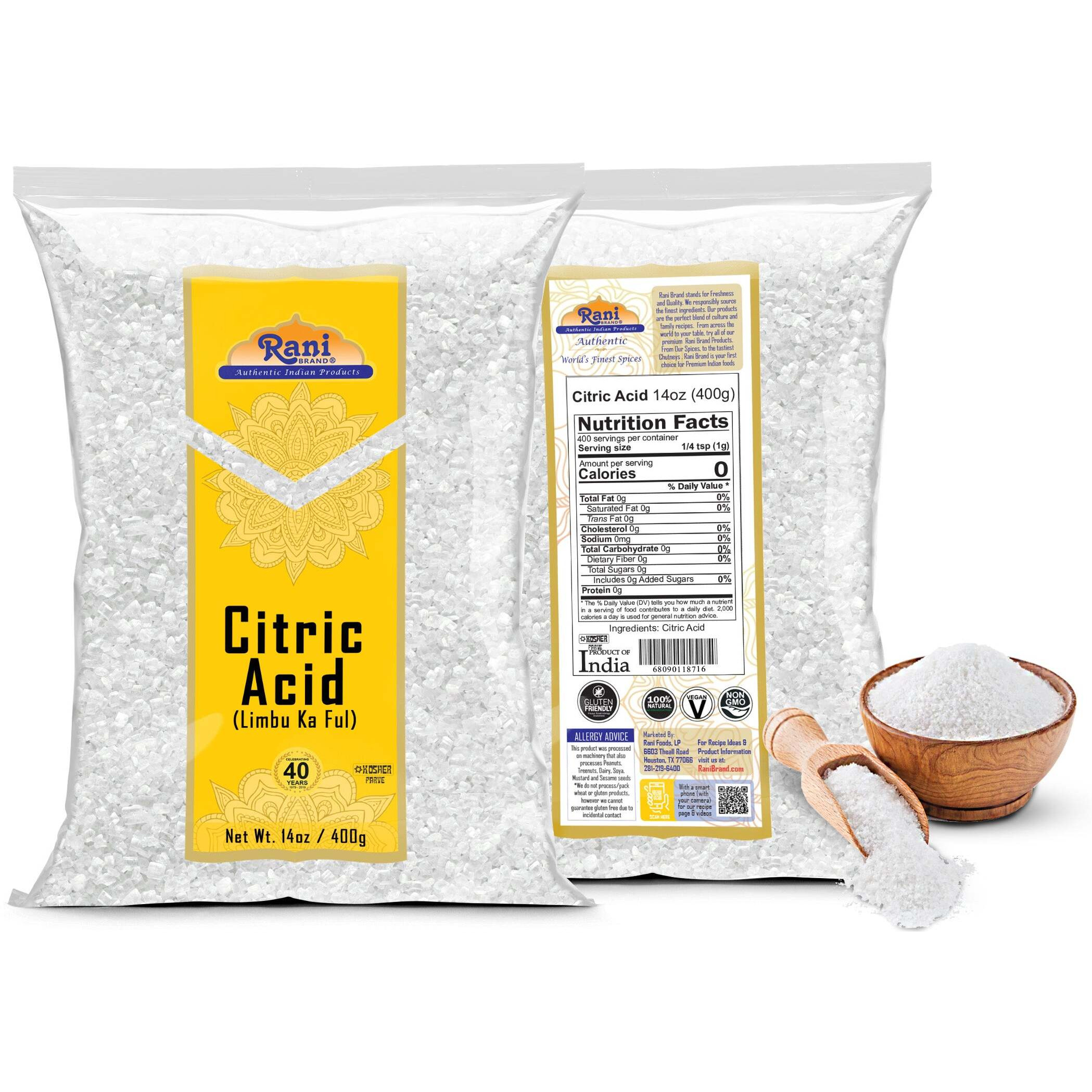 Rani Citric Acid Powder, Food Grade (Limbu Ka Ful) 14oz (400g) ~ Used for Cooking, Bath Bombs, Cleaning, Gluten Friendly, Indian Origin
