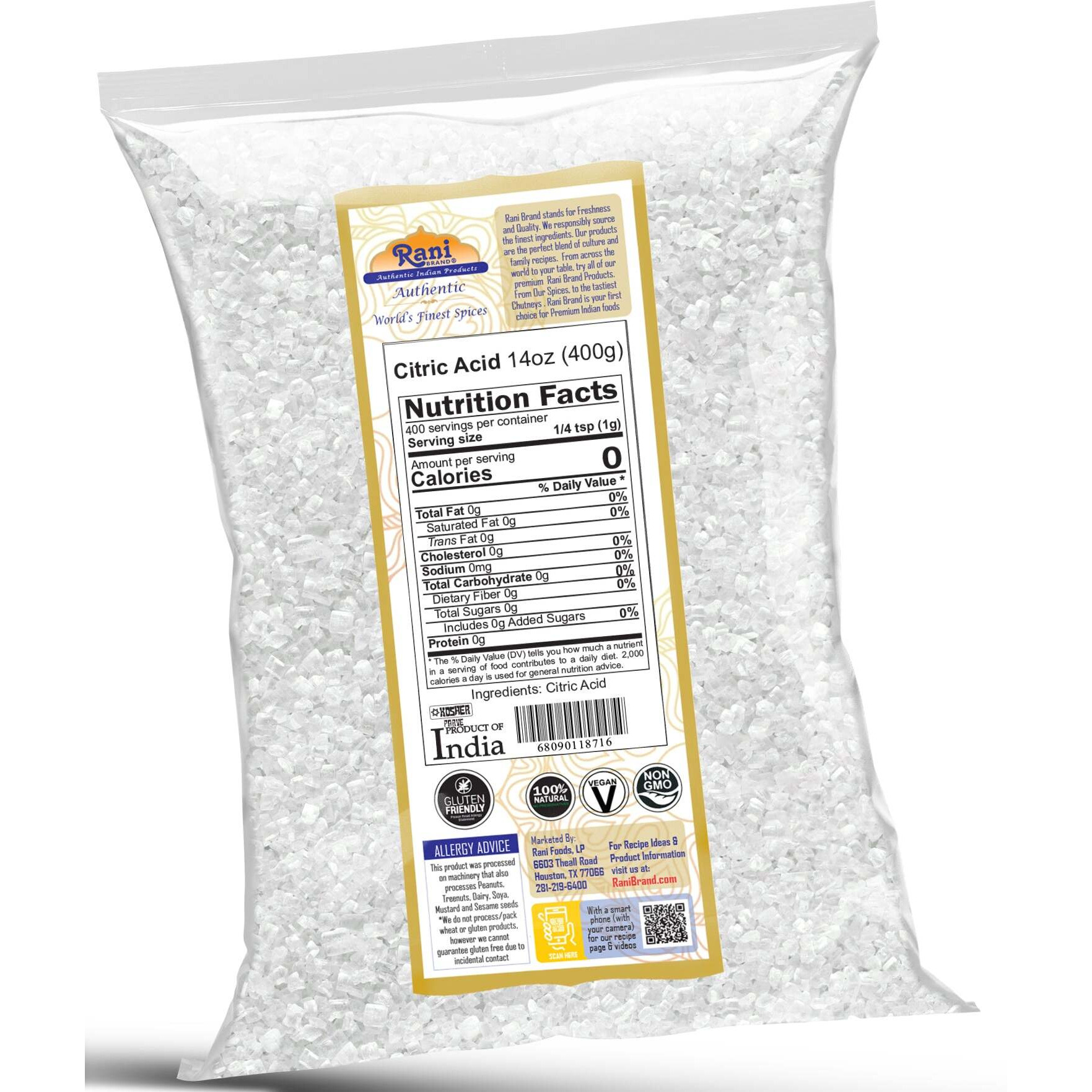 Rani Citric Acid Powder, Food Grade (Limbu Ka Ful) 14oz (400g) ~ Used for Cooking, Bath Bombs, Cleaning, Gluten Friendly, Indian Origin