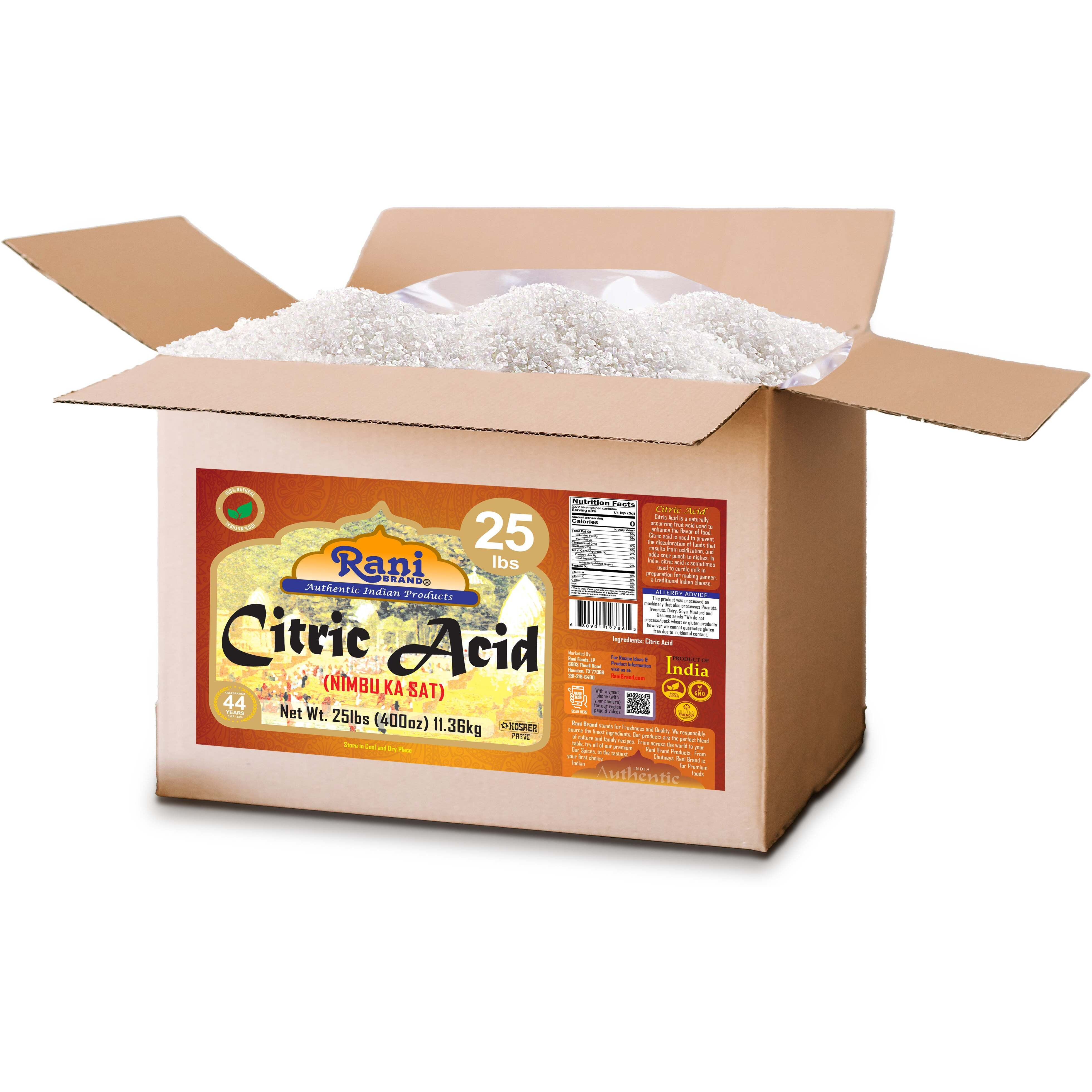 Rani Citric Acid Powder, Food Grade (Limbu Ka Ful) 400oz (25lbs) 11.36kg Bulk Box ~ Used for Cooking, Bath Bombs, Cleaning, Gluten Friendly, Kosher, Indian Origin