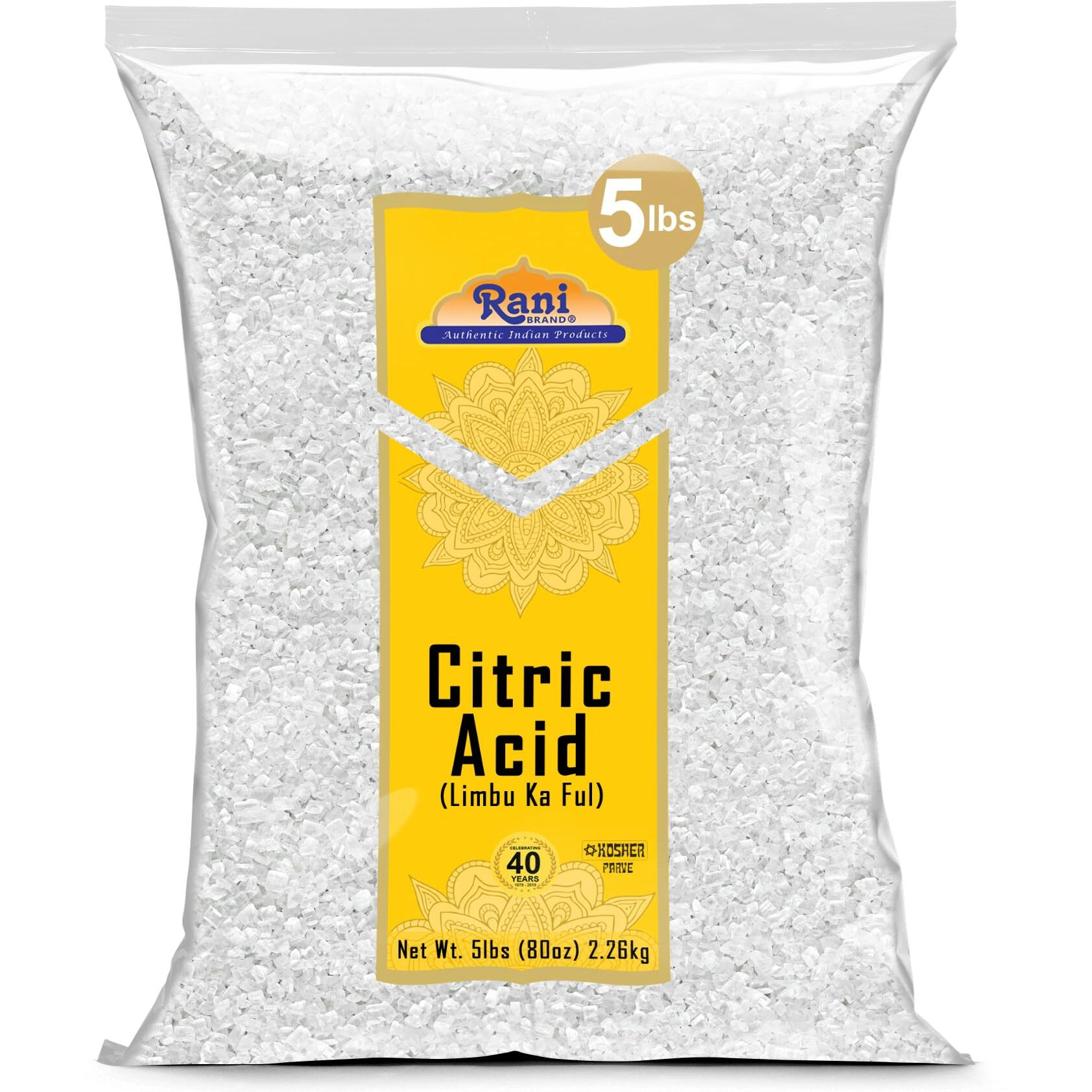 Rani Citric Acid Powder, Food Grade (Limbu Ka Ful) 80oz (5lbs) 2.27kg Bulk ~ Used for Cooking, Bath Bombs, Cleaning, Gluten Friendly, Kosher, Indian Origin