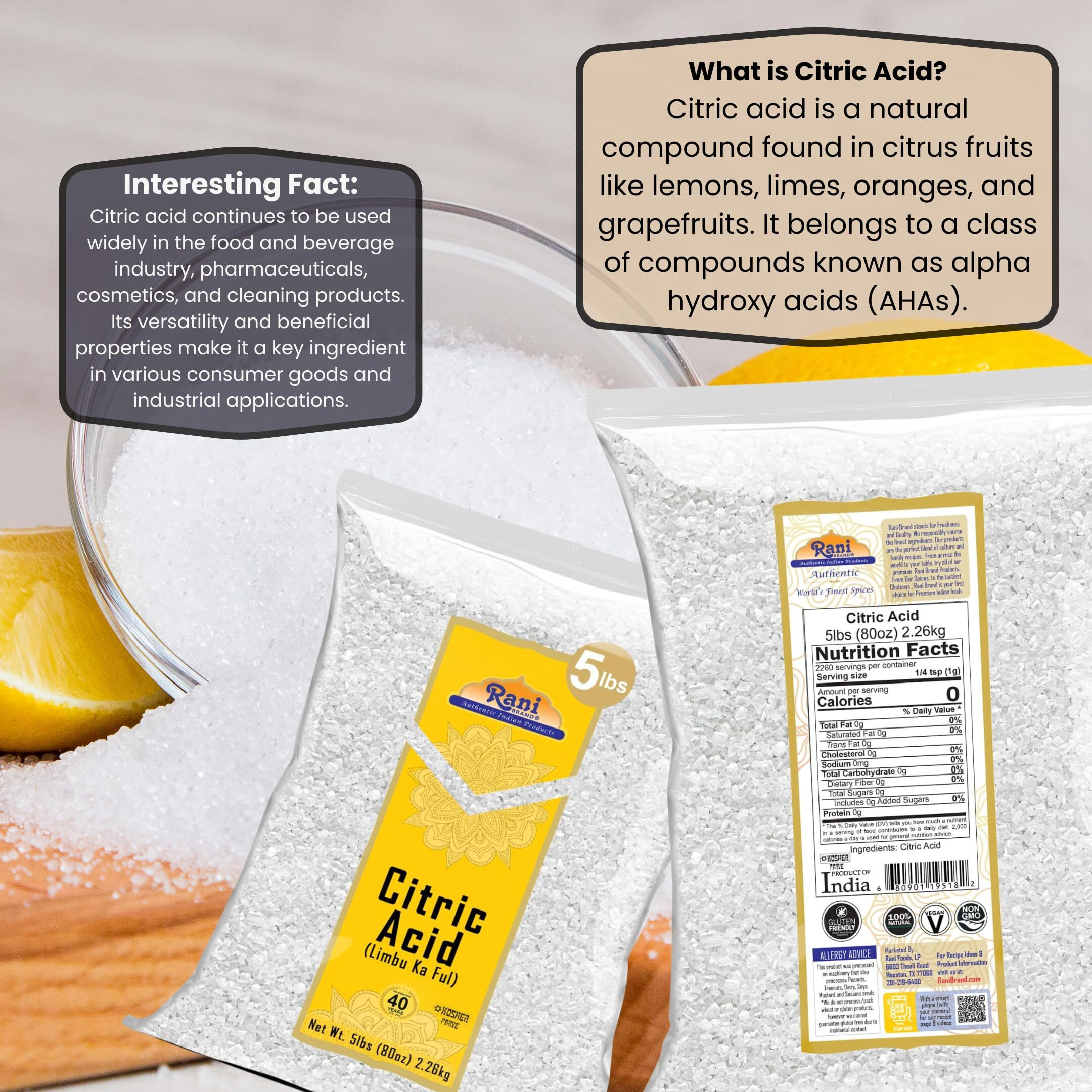 Rani Citric Acid Powder, Food Grade (Limbu Ka Ful) 80oz (5lbs) 2.27kg Bulk ~ Used for Cooking, Bath Bombs, Cleaning, Gluten Friendly, Kosher, Indian Origin