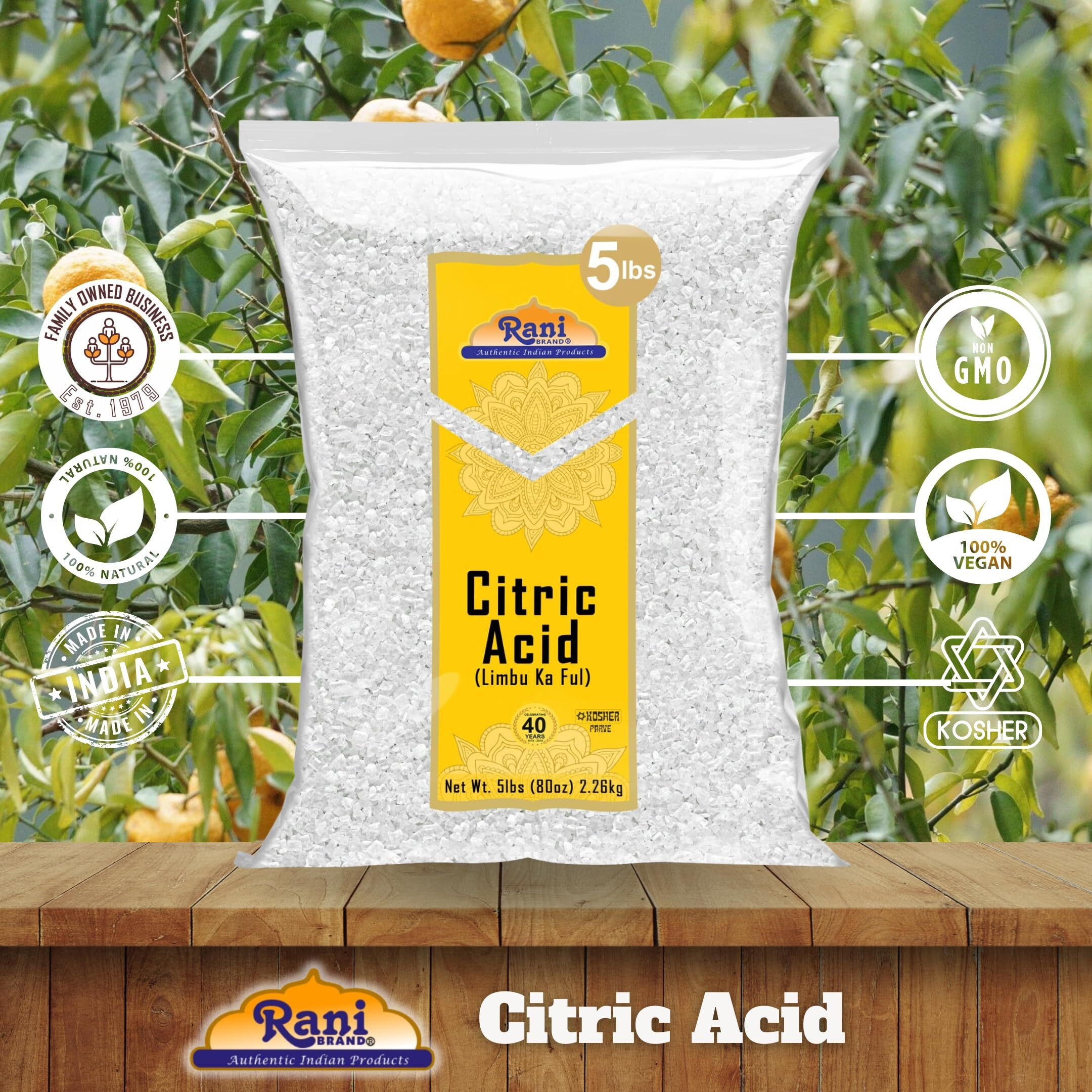 Rani Citric Acid Powder, Food Grade (Limbu Ka Ful) 80oz (5lbs) 2.27kg Bulk ~ Used for Cooking, Bath Bombs, Cleaning, Gluten Friendly, Kosher, Indian Origin