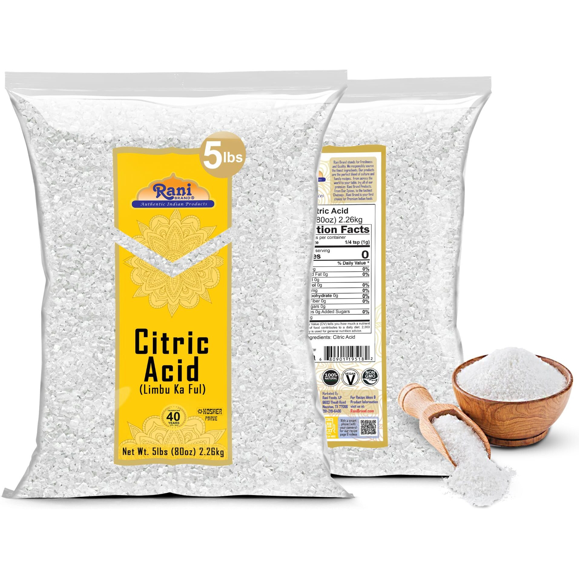Rani Citric Acid Powder, Food Grade (Limbu Ka Ful) 80oz (5lbs) 2.27kg Bulk ~ Used for Cooking, Bath Bombs, Cleaning, Gluten Friendly, Kosher, Indian Origin
