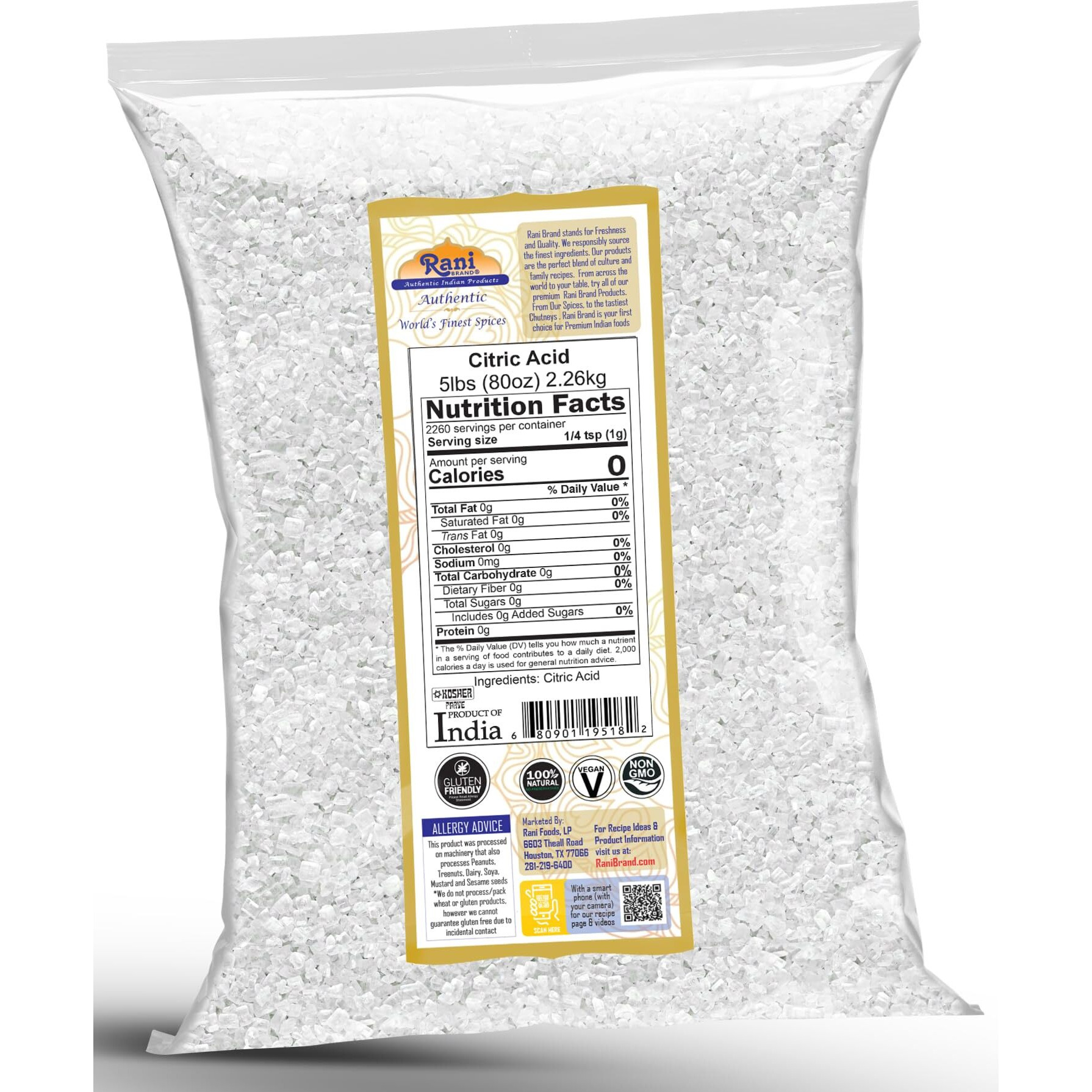 Rani Citric Acid Powder, Food Grade (Limbu Ka Ful) 80oz (5lbs) 2.27kg Bulk ~ Used for Cooking, Bath Bombs, Cleaning, Gluten Friendly, Kosher, Indian Origin