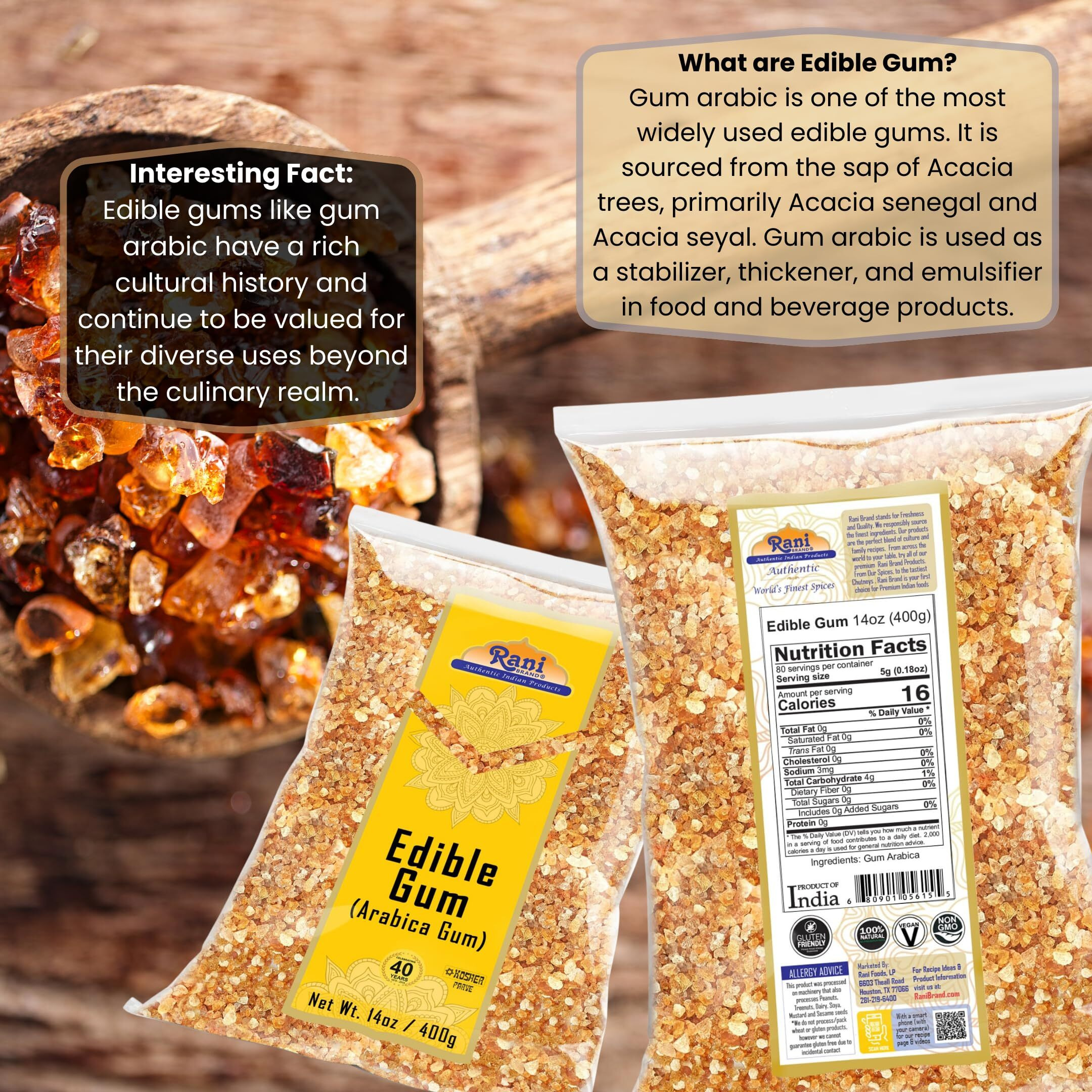 Rani Edible Gum Whole (Arabica Gum) 14oz (400g) ~ All Natural, Salt-Free, Vegan, No Colors, Gluten Friendly, NON-GMO, Kosher, Indian Origin