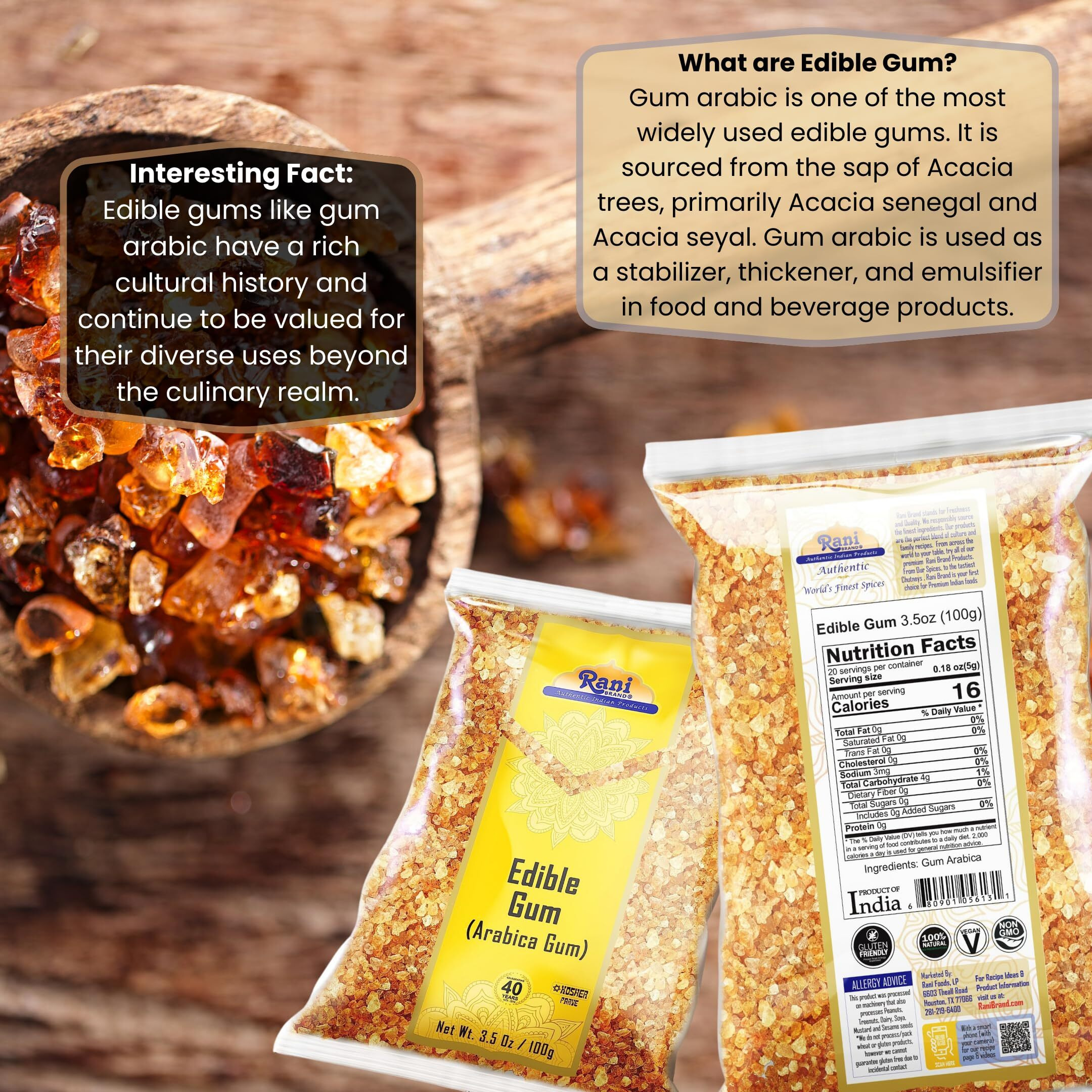 Rani Edible Gum Whole (Arabica Gum) 3.5oz (100g) ~ All Natural, Salt-Free, Vegan, No Colors, Gluten Friendly, NON-GMO, Kosher, Indian Origin
