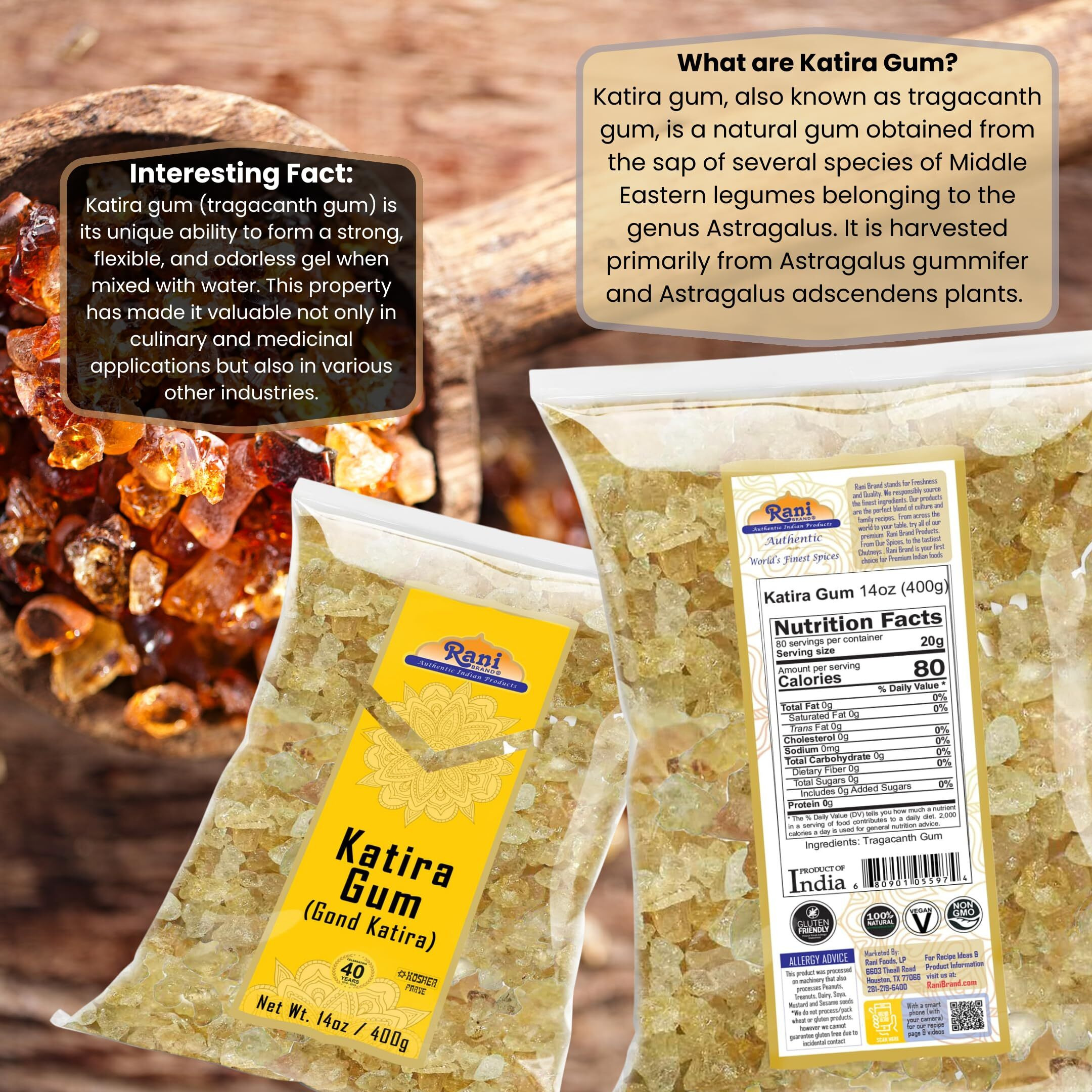 Rani Edible Gum Whole (Goonder Tragacanth Gum) 14oz (400g) ~ All Natural, Salt-Free, Vegan, No Colors, Gluten Friendly, NON-GMO, Kosher, Indian Origin