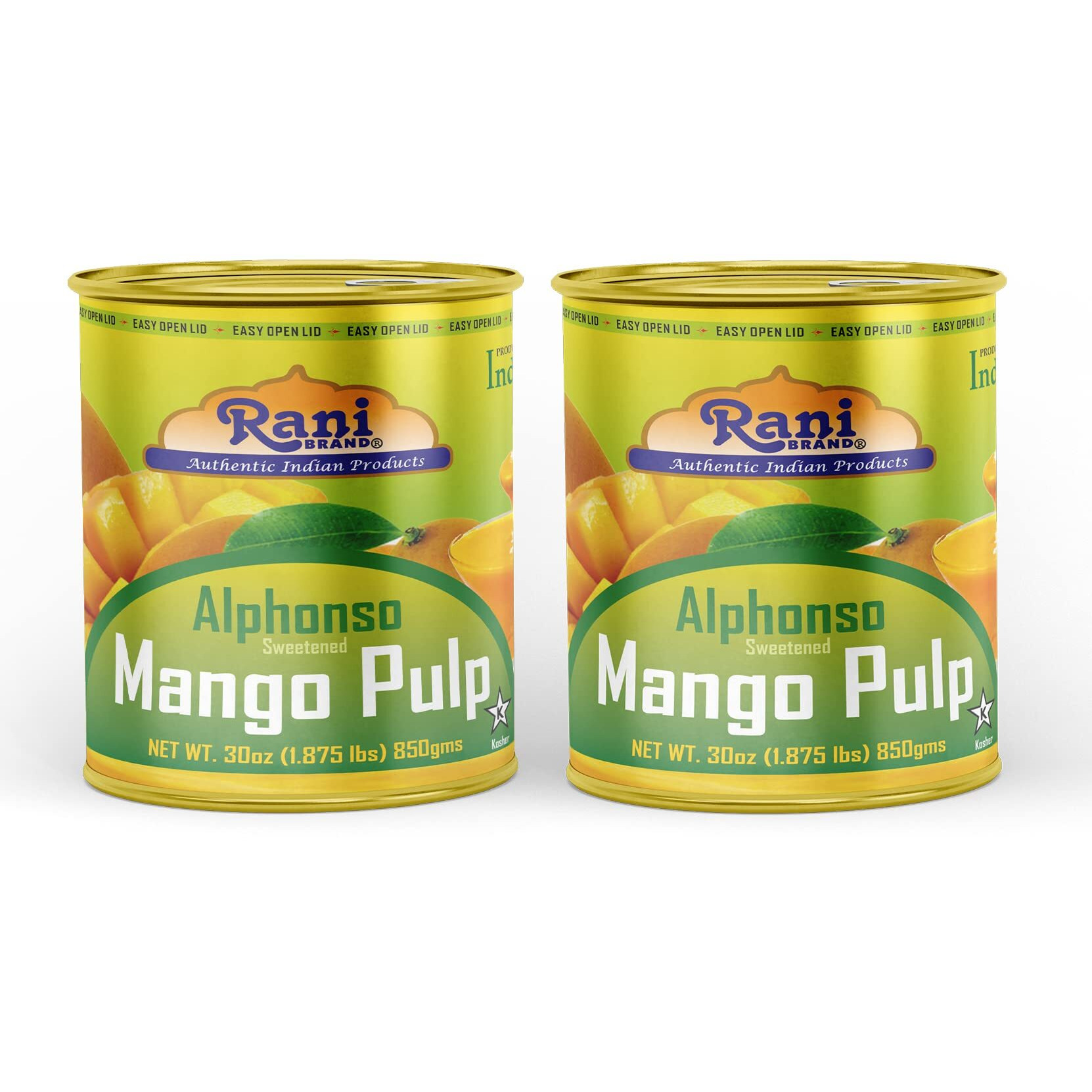 Rani Mango Pulp Puree (Makes Mango Lassi Shakes) Alphonso Sweetened 30oz (1.875lbs) 850g Pack of 2 ~ Kosher, All Natural, NON-GMO, Vegan, No colors, Gluten Friendly, Indian Origin