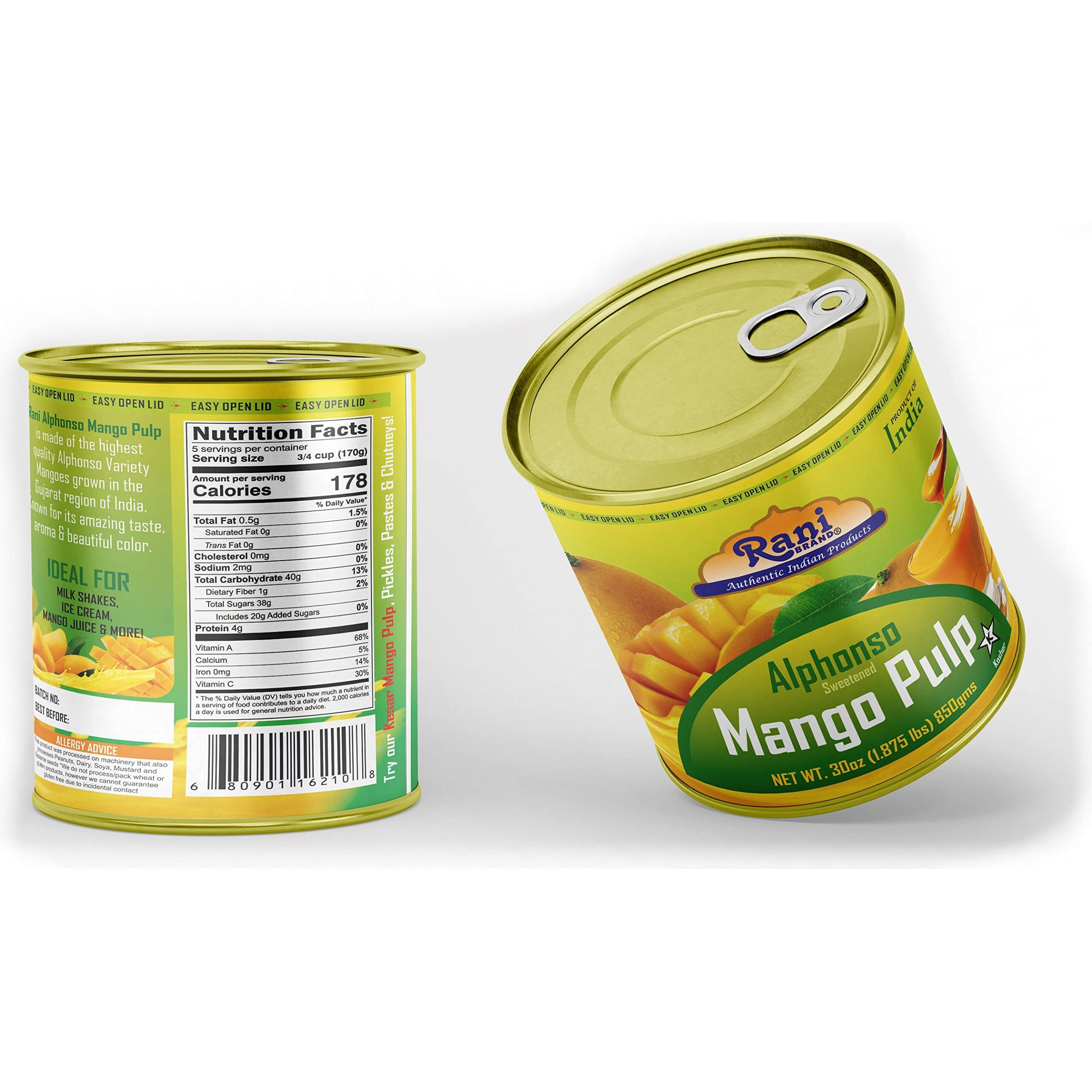 Rani Mango Pulp Puree (Makes Mango Lassi Shakes) Alphonso Sweetened 30oz (1.875lbs) 850g Pack of 2 ~ Kosher, All Natural, NON-GMO, Vegan, No colors, Gluten Friendly, Indian Origin