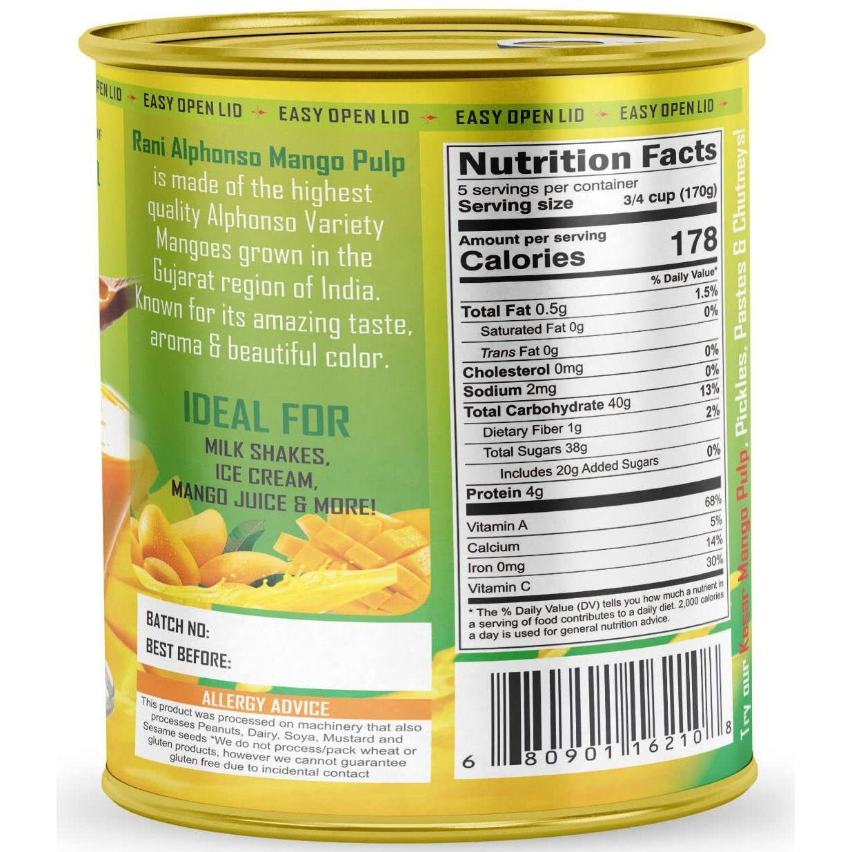 Rani Mango Pulp Puree (Makes Mango Lassi Shakes) Alphonso Sweetened 30oz (1.875lbs) 850g Pack of 2 ~ Kosher, All Natural, NON-GMO, Vegan, No colors, Gluten Friendly, Indian Origin