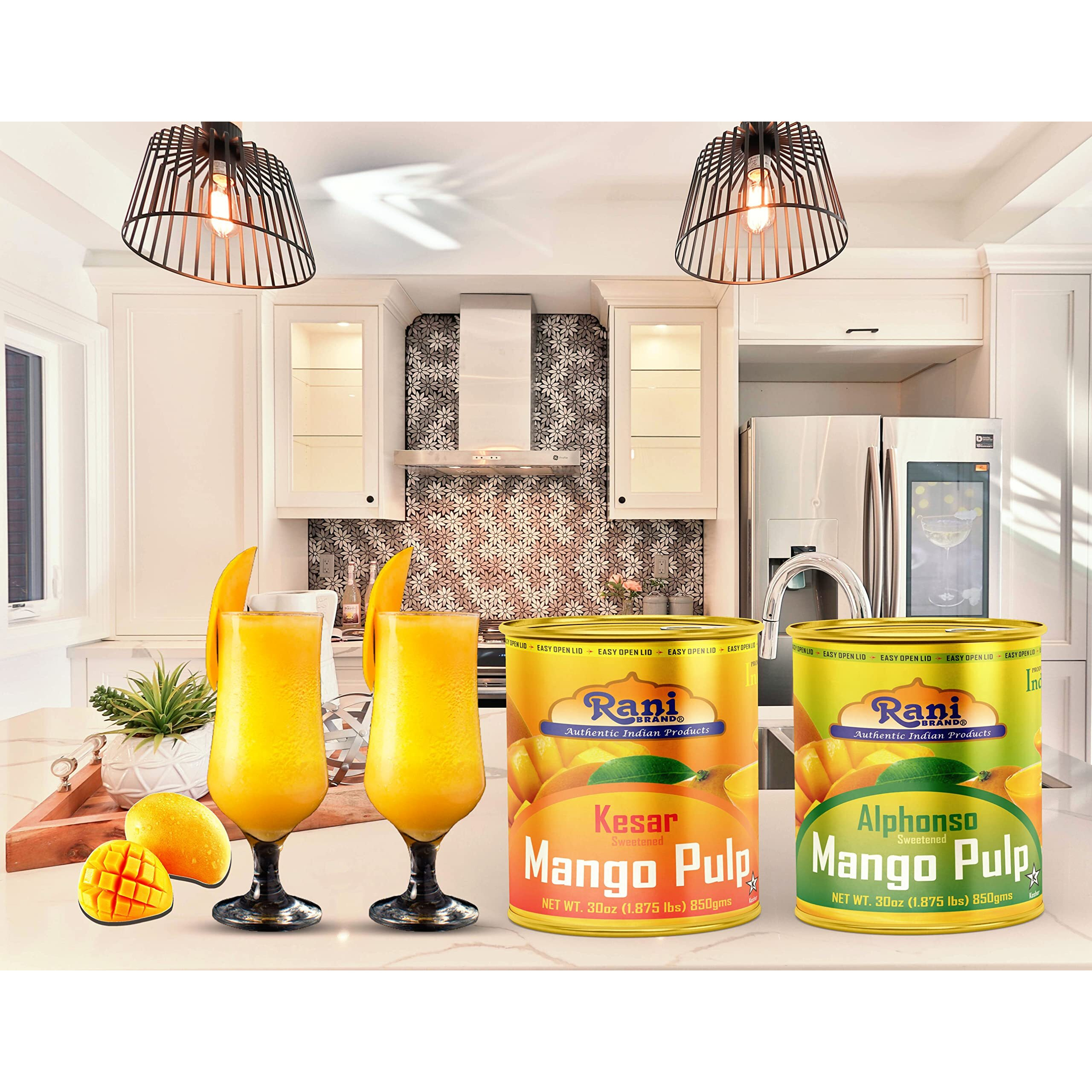 Rani Mango Pulp Puree (Makes Mango Lassi Shakes) Alphonso Sweetened 30oz (1.875lbs) 850g Pack of 2 ~ Kosher, All Natural, NON-GMO, Vegan, No colors, Gluten Friendly, Indian Origin