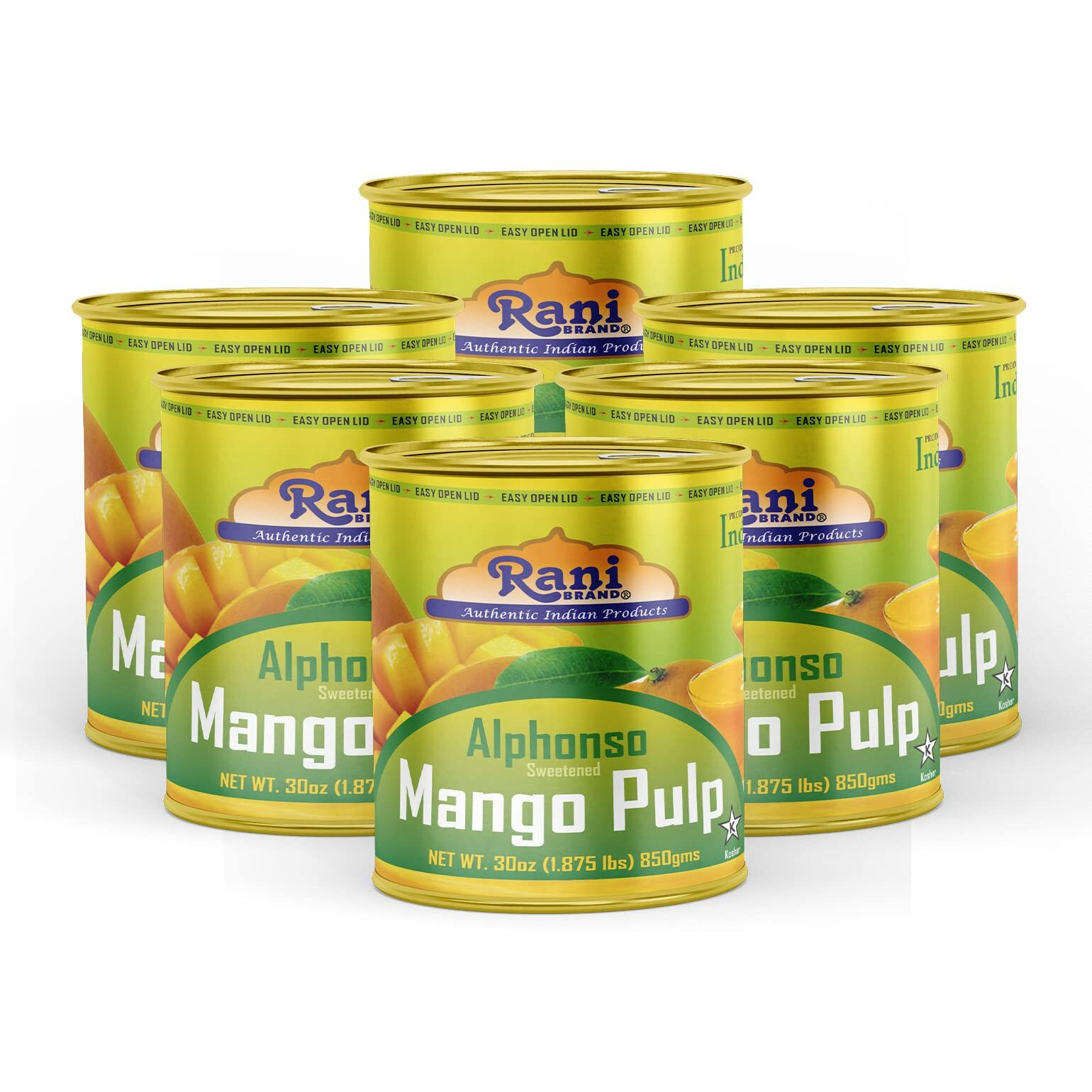 Rani Mango Pulp Puree (Makes Mango Lassi Shakes) Alphonso Sweetened 30oz (1.875lbs) 850g Pack of 6 ~ Kosher, All Natural, NON-GMO, Vegan, No colors, Gluten Friendly, Indian Origin