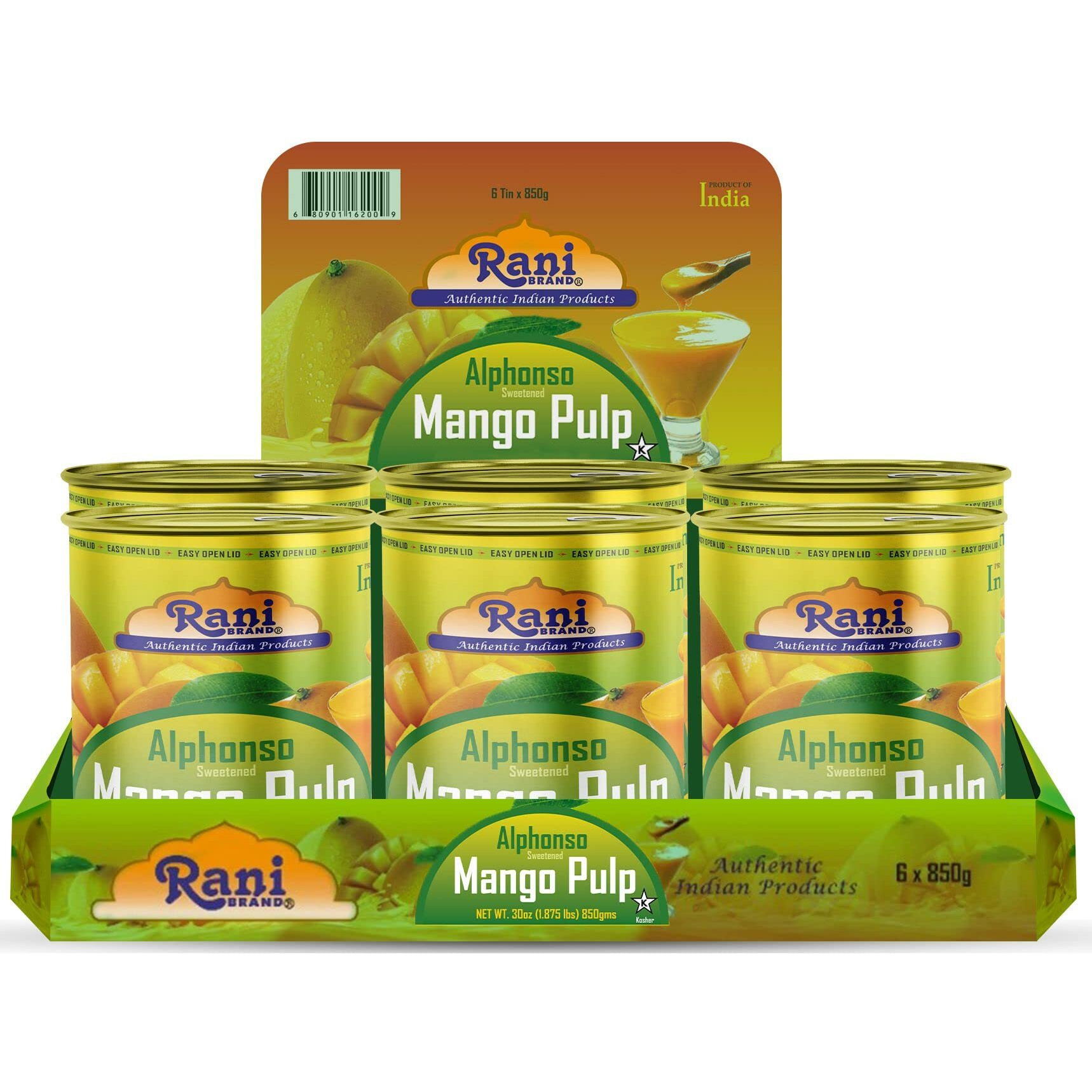 Rani Mango Pulp Puree (Makes Mango Lassi Shakes) Alphonso Sweetened 30oz (1.875lbs) 850g Pack of 6 ~ Kosher, All Natural, NON-GMO, Vegan, No colors, Gluten Friendly, Indian Origin
