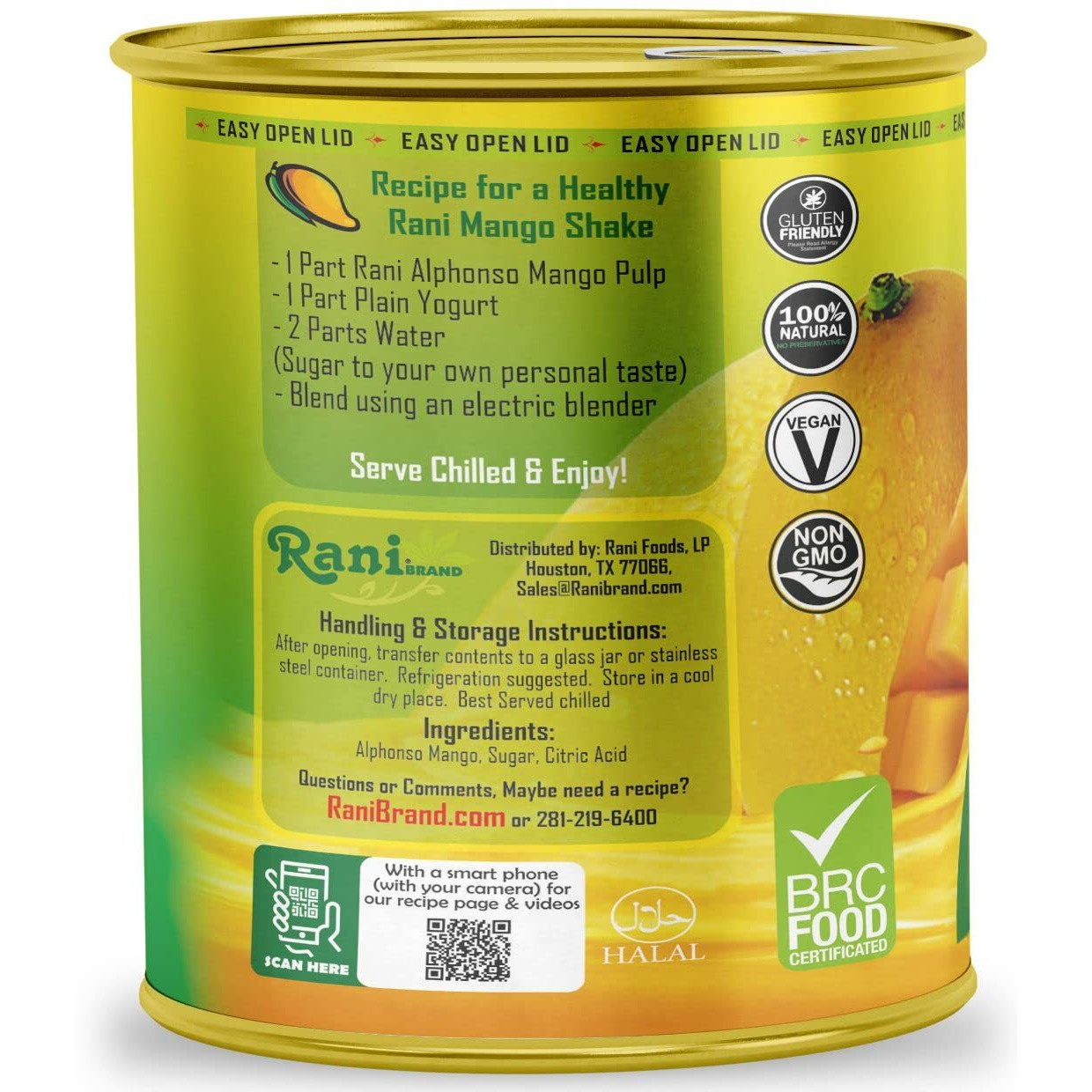 Rani Mango Pulp Puree (Makes Mango Lassi Shakes) Alphonso Sweetened 30oz (1.875lbs) 850g Pack of 6 ~ Kosher, All Natural, NON-GMO, Vegan, No colors, Gluten Friendly, Indian Origin