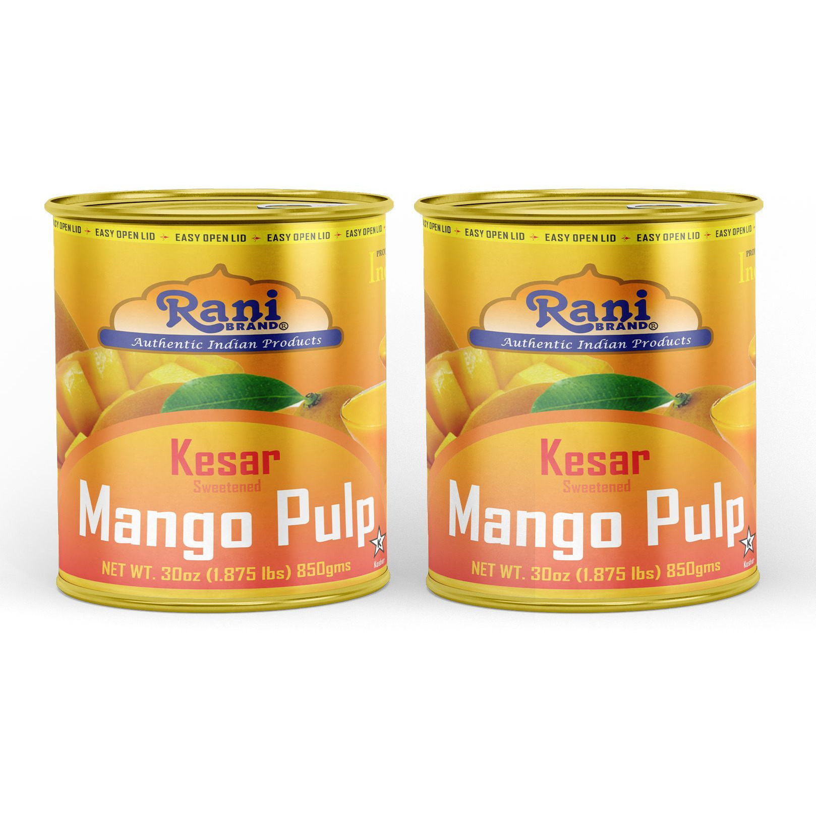 Rani Mango Pulp Puree (Makes Mango Lassi Shakes) Kesar Sweetened 30oz (1.875lbs) 850g Pack of 2 ~ Kosher, All Natural, NON-GMO, Vegan, No colors, Gluten Friendly, Indian Origin