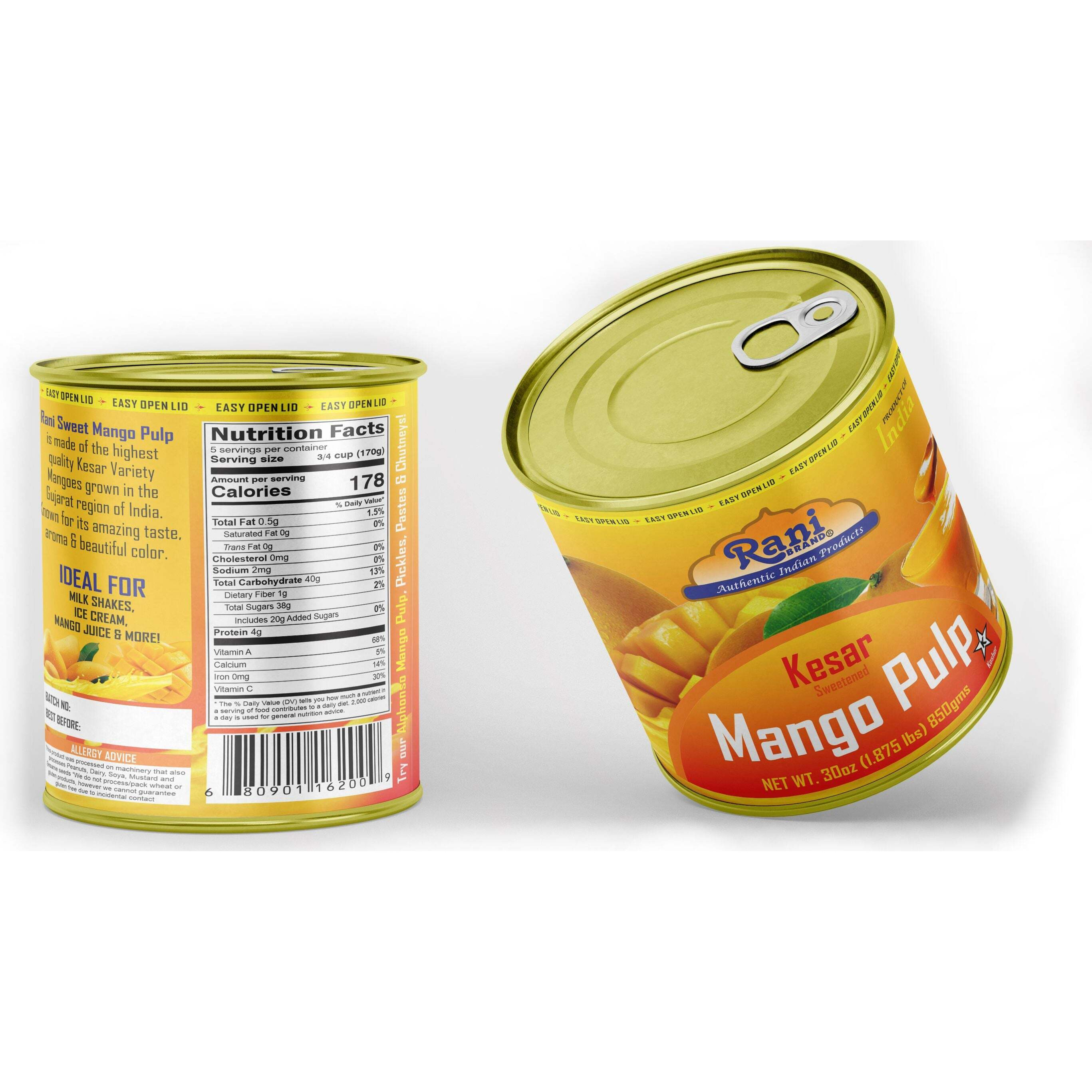 Rani Mango Pulp Puree (Makes Mango Lassi Shakes) Kesar Sweetened 30oz (1.875lbs) 850g Pack of 2 ~ Kosher, All Natural, NON-GMO, Vegan, No colors, Gluten Friendly, Indian Origin