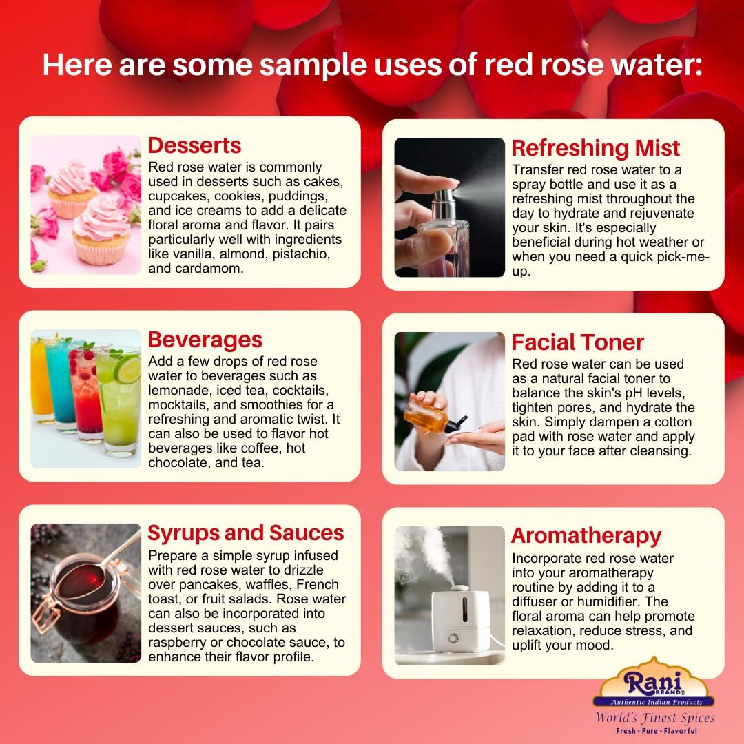 Rani Red Rose Water (Floral Essence of Rose) 8.5 fl oz (250ml) Glass Jar ~ All Natural, Vegan, Gluten Free, NON-GMO, Kosher, Indian Origin
