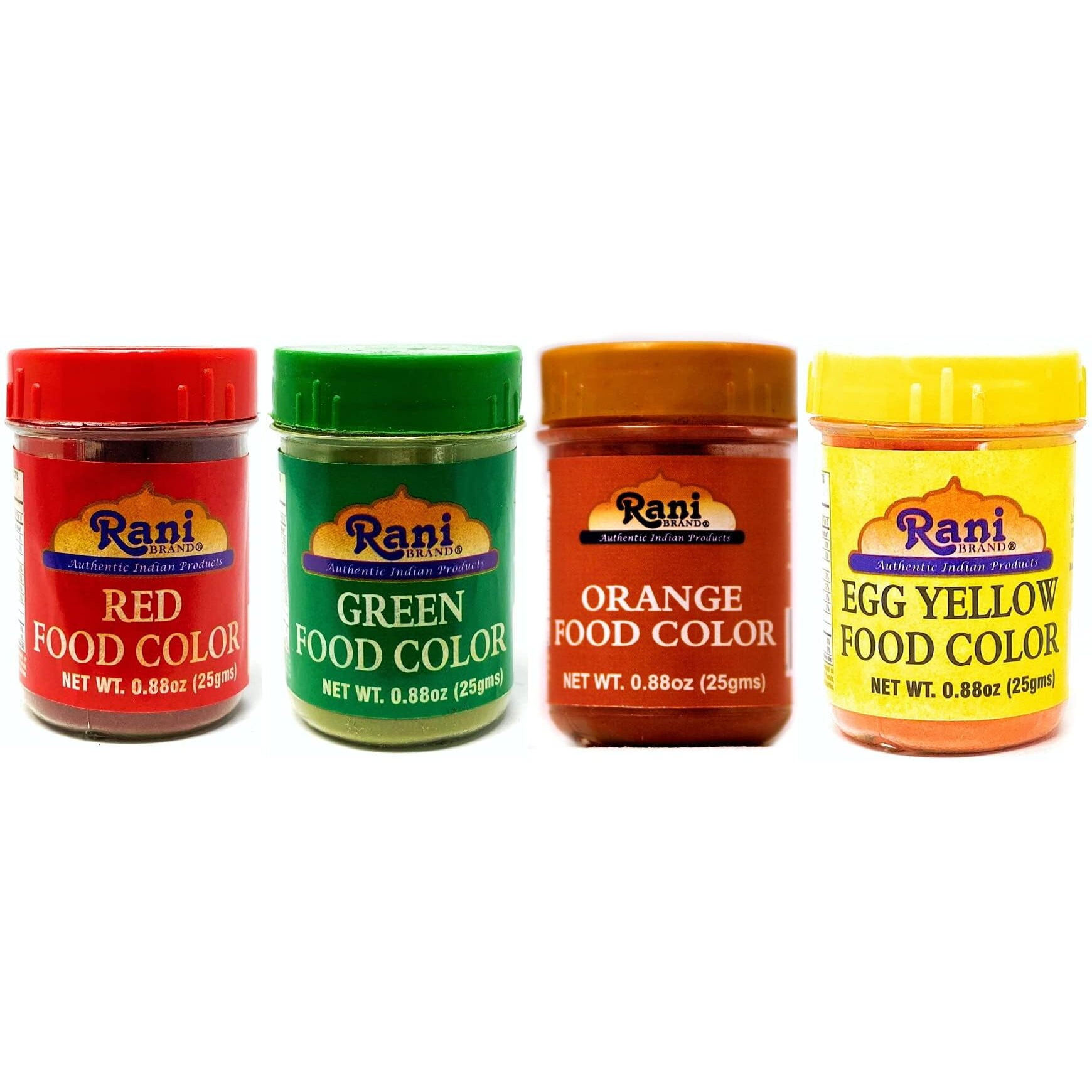 Rani Red, Orange, Green & Yellow (4pk) Food Color Indian 4x25gm (0.88oz) ~ Vegan