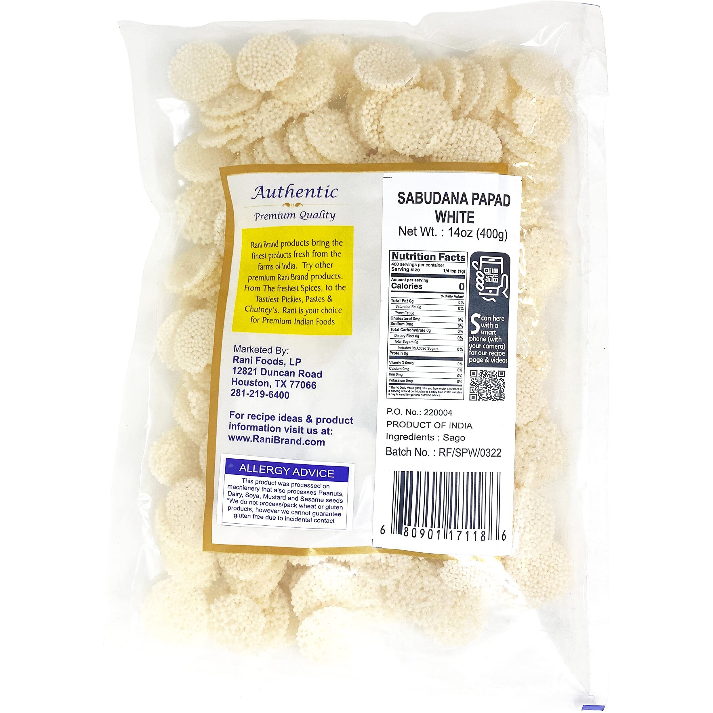 Rani Sabudana (Sago) Papad White 14oz (400g) ~ All Natural, No Preservatives, Vegan, Gluten Friendly, NON-GMO, Kosher, Indian Origin