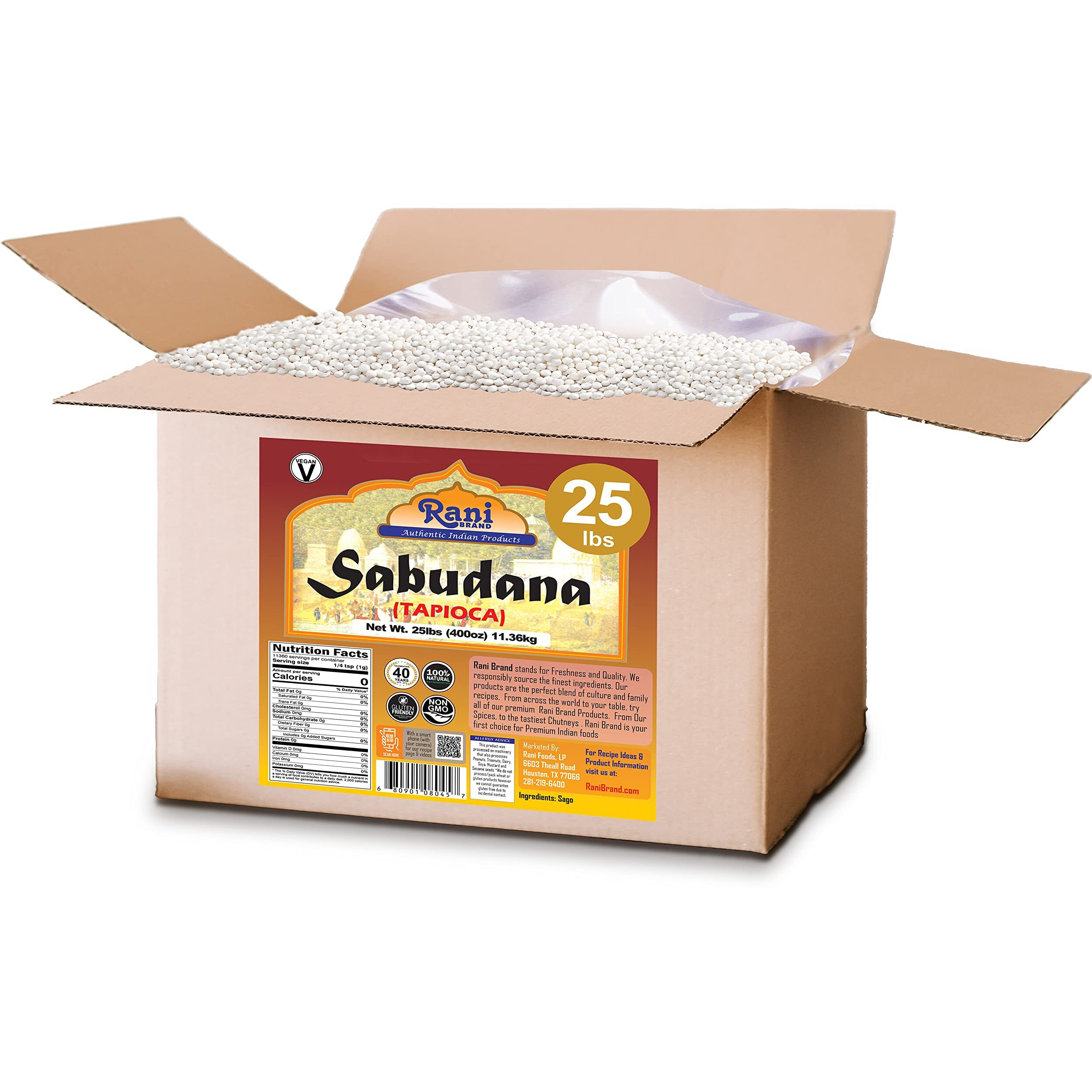 Rani Sabudana (Tapioca/Sago) Pearls 400oz (25lbs) 11.36kg Bulk Box ~ All Natural, Vegan, No Colors, NON-GMO, Indian Origin