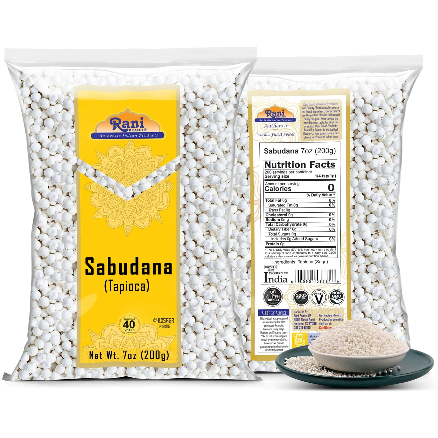 Rani Sabudana (Tapioca/Sago) Pearls 7oz (200g) ~ All Natural, Vegan, No Colors, NON-GMO, Kosher, Indian Origin