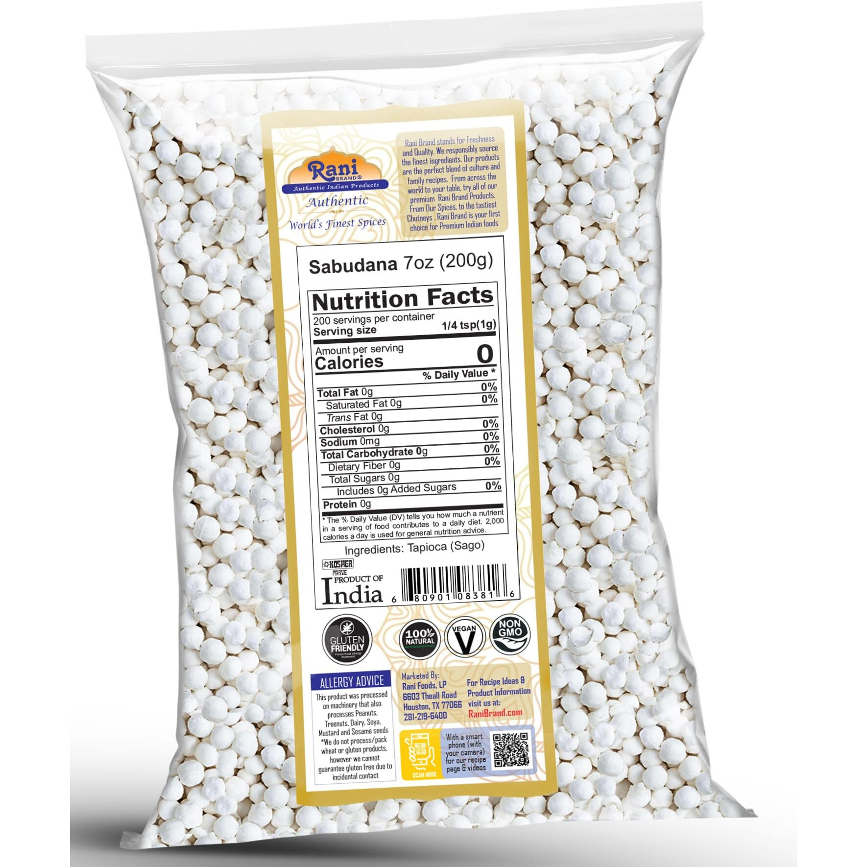 Rani Sabudana (Tapioca/Sago) Pearls 7oz (200g) ~ All Natural, Vegan, No Colors, NON-GMO, Kosher, Indian Origin