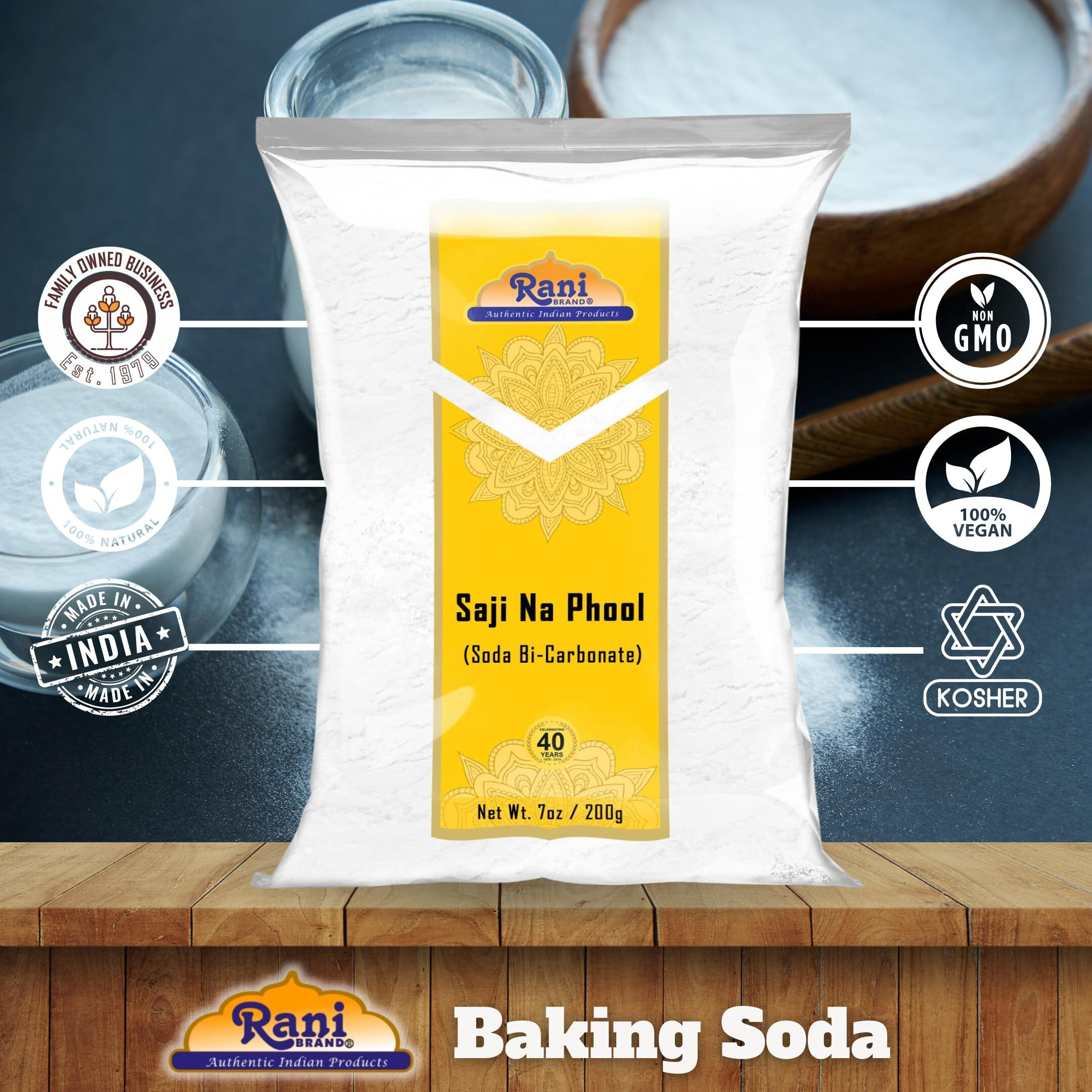 Rani Saji Na Phool (Soda Bi-Carbonate) 7oz (200g) ~ Used for cooking, NON-GMO, Kosher, Indian Origin, Gluten Friendly