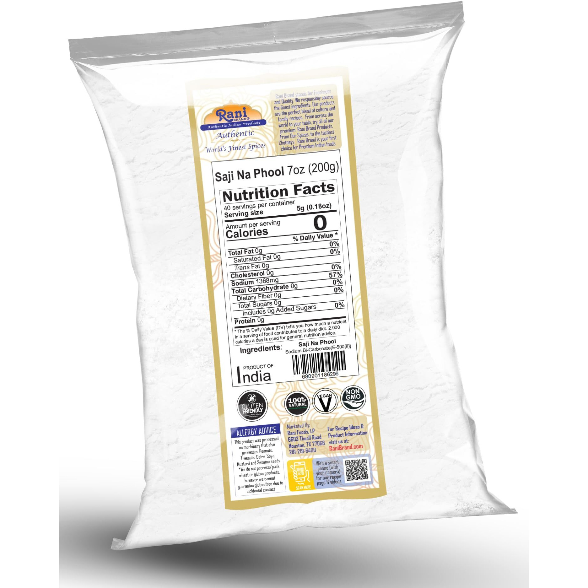Rani Saji Na Phool (Soda Bi-Carbonate) 7oz (200g) ~ Used for cooking, NON-GMO, Kosher, Indian Origin, Gluten Friendly