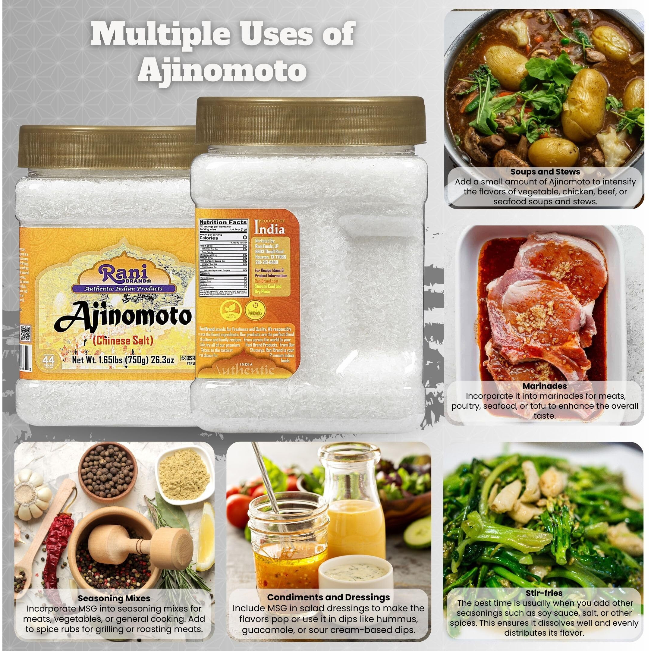 Rani Ajinomoto (Chinese Salt) 26.3oz (1.65lbs) 750g PET Jar ~ Umami Seasoning, Perfect for stir-frying, roasting, soups, salads & dressings, Gluten Friendly, Vegan, NON-GMO, Kosher, Indian Origin