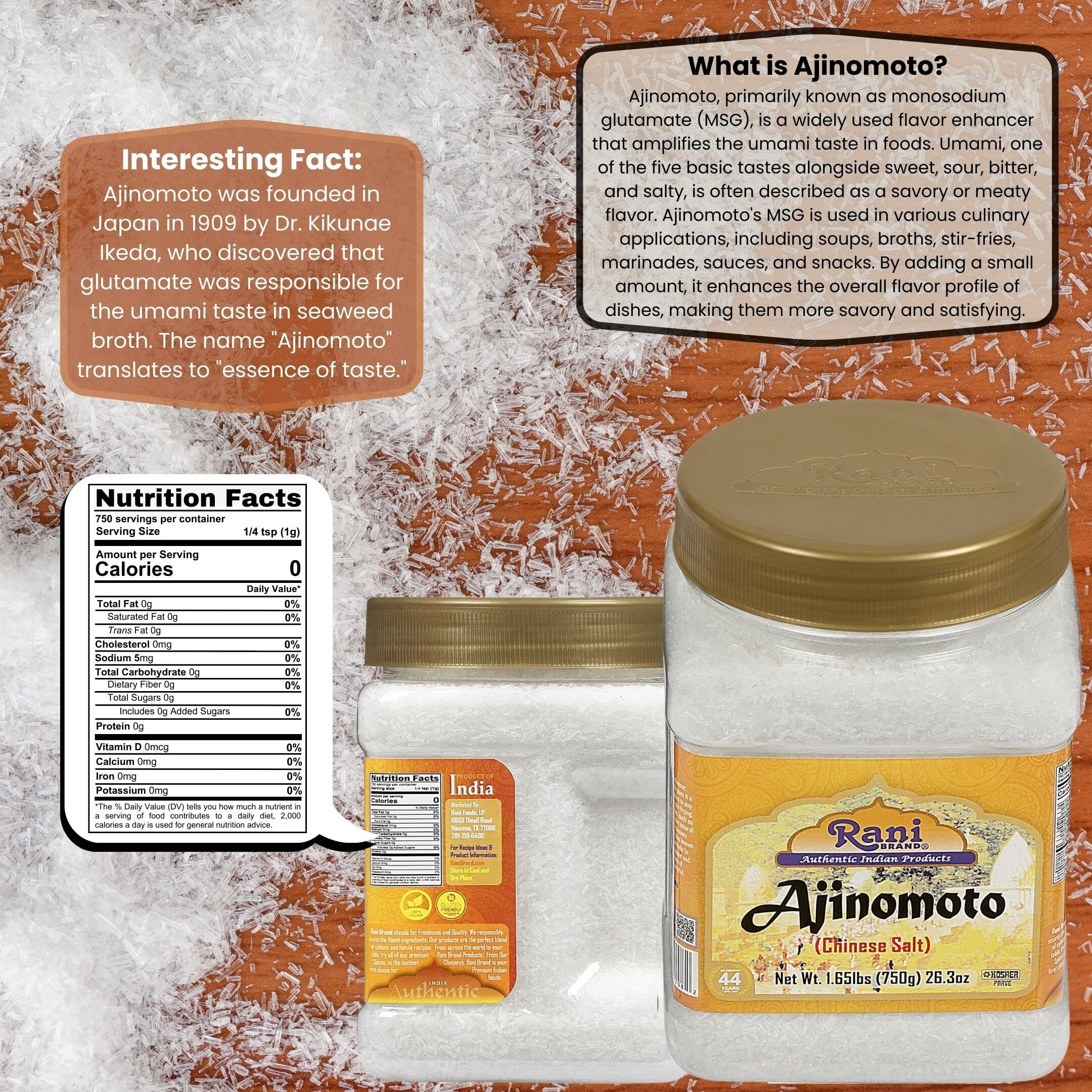 Rani Ajinomoto (Chinese Salt) 26.3oz (1.65lbs) 750g PET Jar ~ Umami Seasoning, Perfect for stir-frying, roasting, soups, salads & dressings, Gluten Friendly, Vegan, NON-GMO, Kosher, Indian Origin
