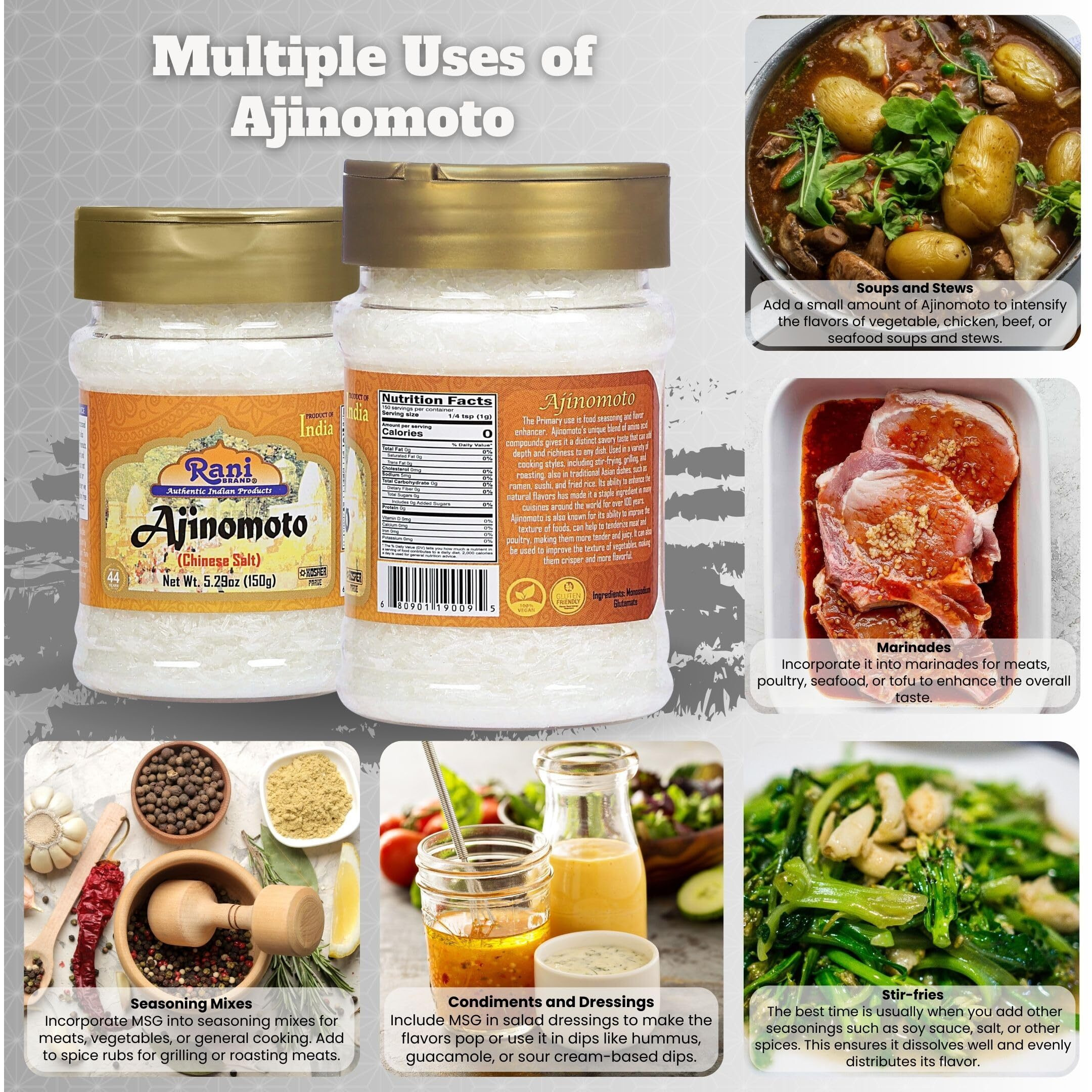 Rani Ajinomoto (Chinese Salt) 5.29 (150g) PET Jar ~ Umami Seasoning, Perfect for stir-frying, roasting, soups, salads & dressings, Gluten Friendly, Vegan, NON-GMO, Kosher, Indian Origin