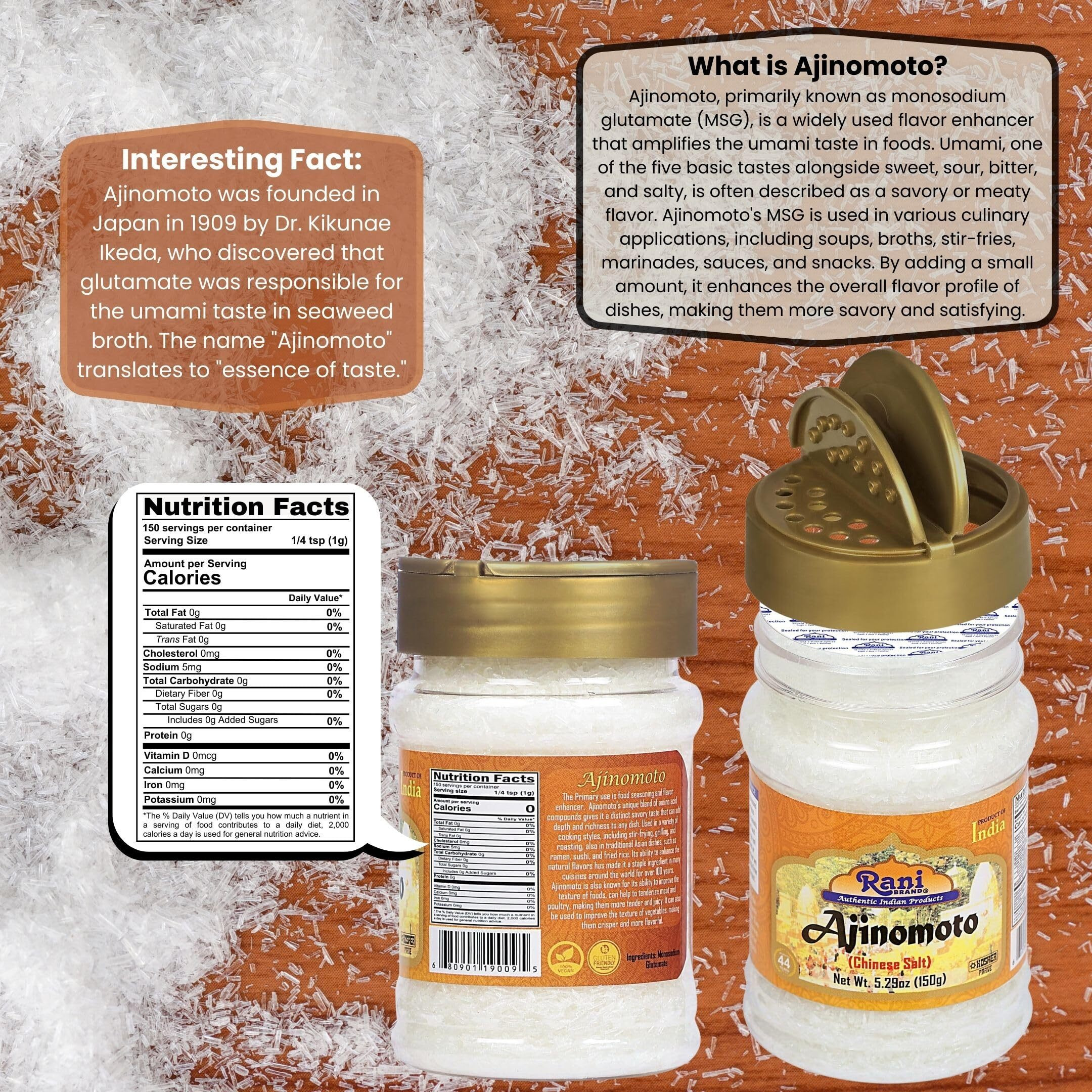 Rani Ajinomoto (Chinese Salt) 5.29 (150g) PET Jar ~ Umami Seasoning, Perfect for stir-frying, roasting, soups, salads & dressings, Gluten Friendly, Vegan, NON-GMO, Kosher, Indian Origin