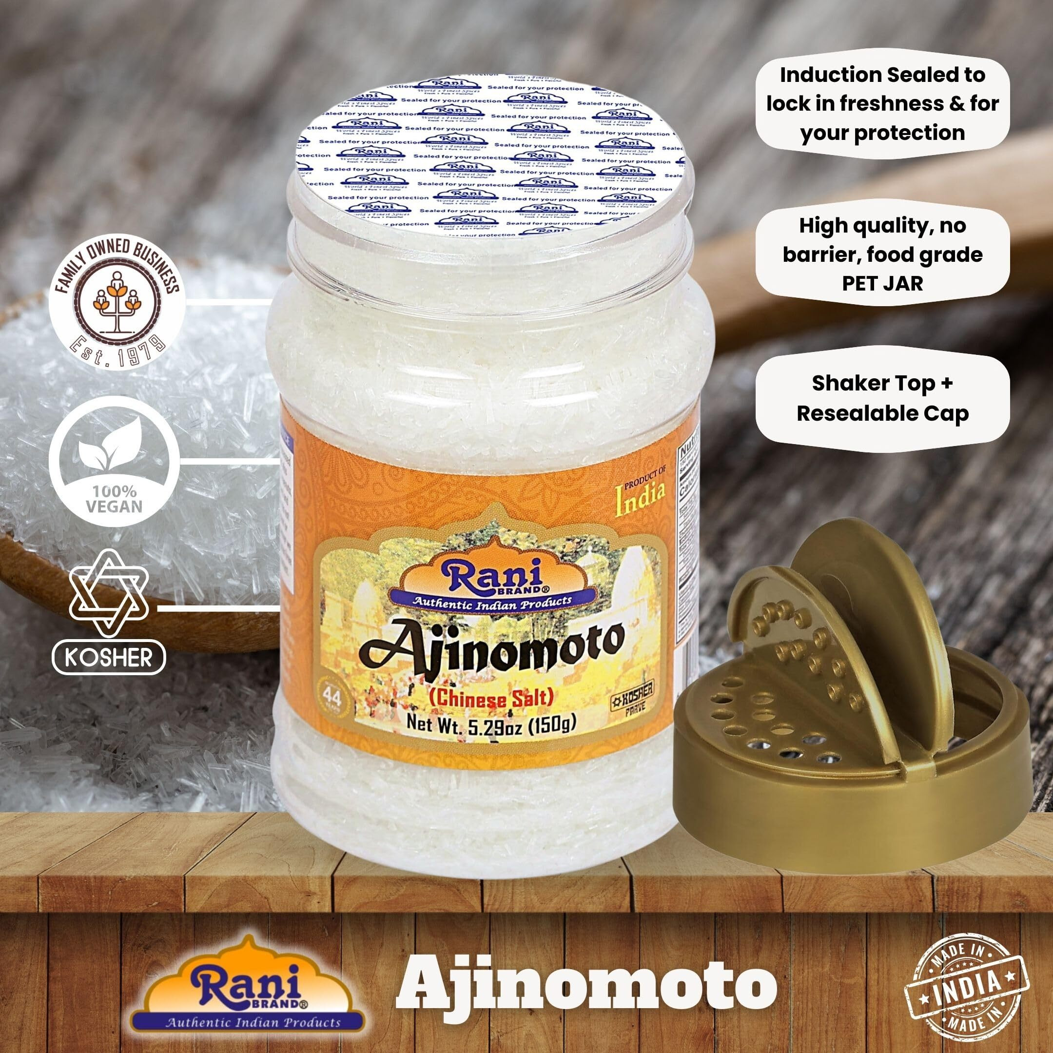 Rani Ajinomoto (Chinese Salt) 5.29 (150g) PET Jar ~ Umami Seasoning, Perfect for stir-frying, roasting, soups, salads & dressings, Gluten Friendly, Vegan, NON-GMO, Kosher, Indian Origin