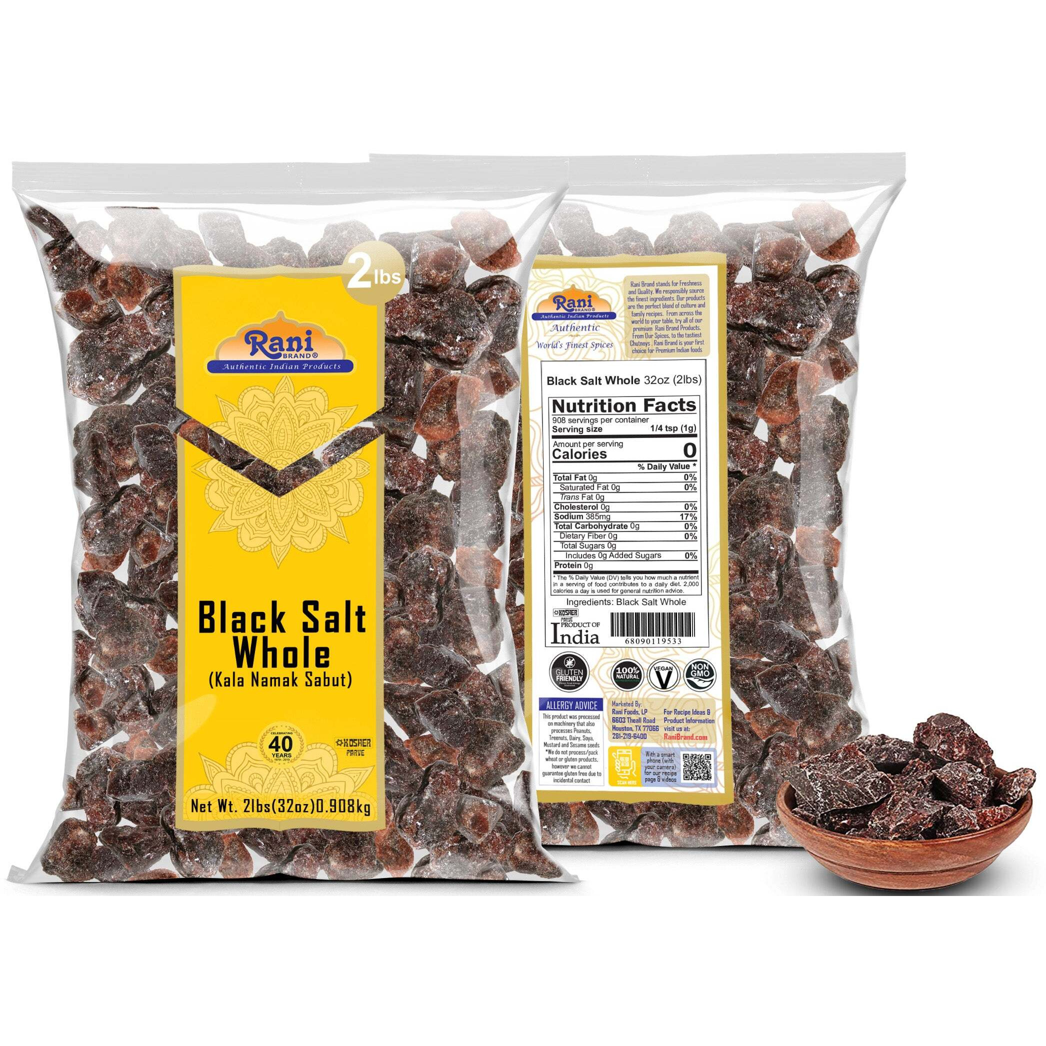 Rani Black Salt Raw Whole (Kala Namak) Mineral 32oz (2lbs) 908g ~ Unrefined, Pure and Natural, Vegan, Gluten Friendly, NON-GMO, Kosher, Indian Origin, Perfect for Tofu Scramble